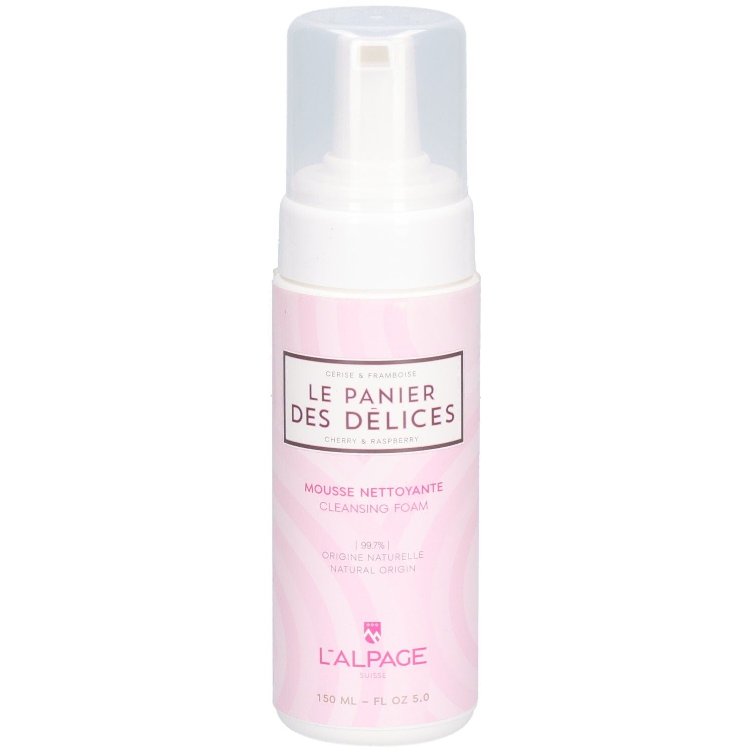 Flacon de mousse nettoyante. Distributeur blanc avec bouchon transparent. Étiquette rose avec nom du produit et marque L'ALPAGE.