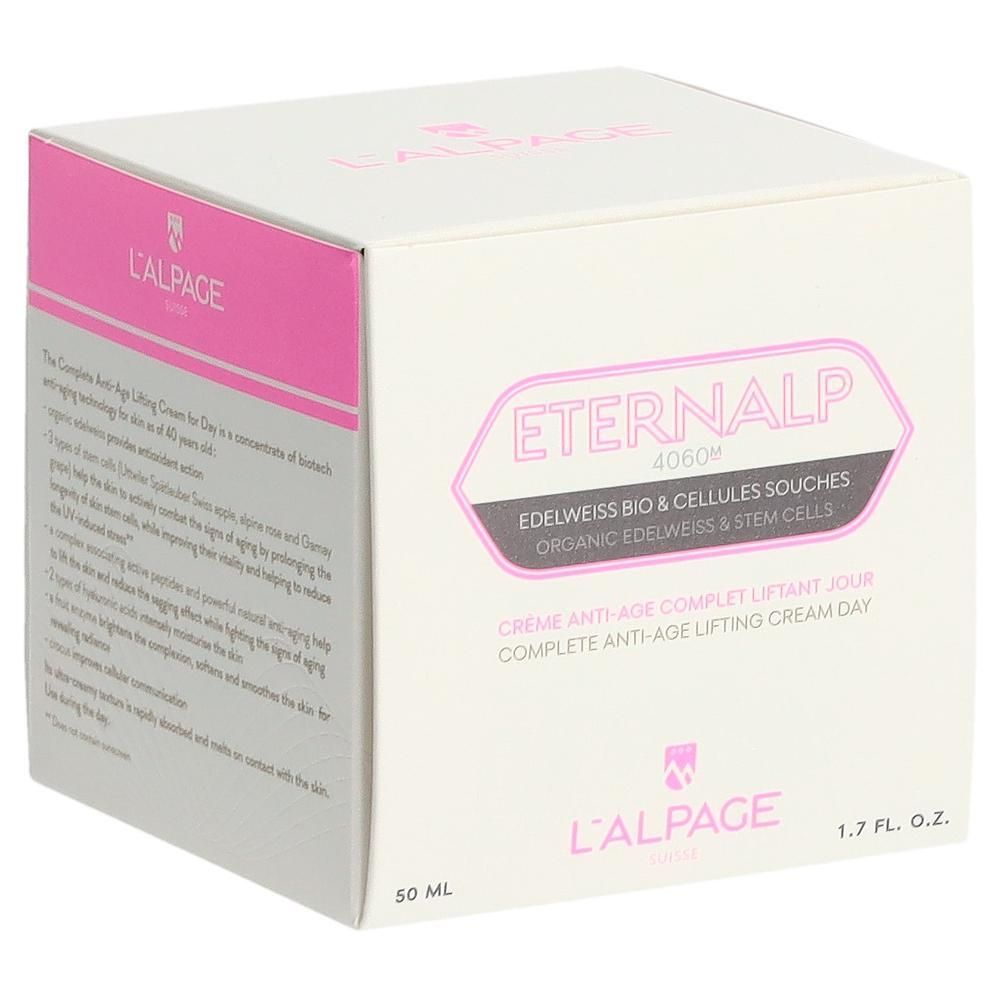 Boîte blanche et rose. Texte: Eternalp 4060m, L'ALPAGE. Contient de la crème. 50 ml, 1.7 FL. OZ.