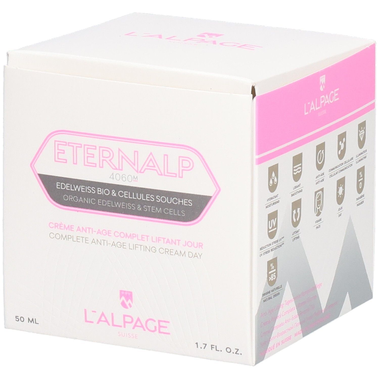 Boîte blanche et rose. Texte: Eternalp 4060m, L'ALPAGE. Contient de la crème. 50 ml, 1.7 FL. OZ.
