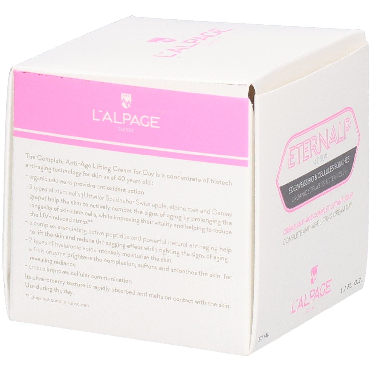Boîte blanche et rose. Texte: Eternalp 4060m, L'ALPAGE. Contient de la crème. 50 ml, 1.7 FL. OZ.