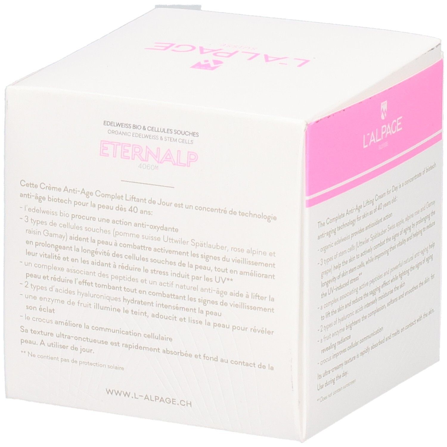 Boîte blanche et rose. Texte: Eternalp 4060m, L'ALPAGE. Contient de la crème. 50 ml, 1.7 FL. OZ.
