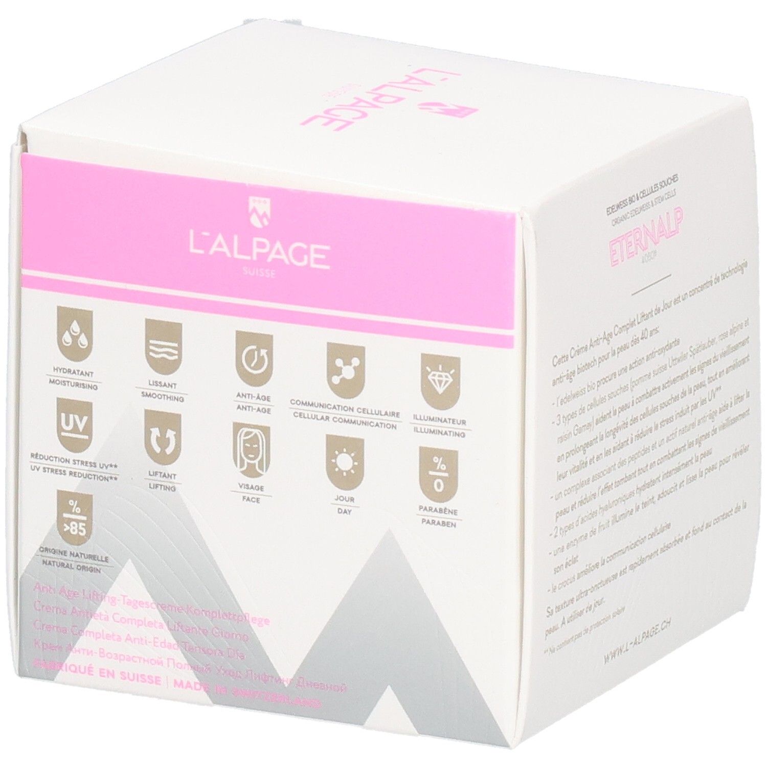 Boîte blanche et rose. Texte: Eternalp 4060m, L'ALPAGE. Contient de la crème. 50 ml, 1.7 FL. OZ.
