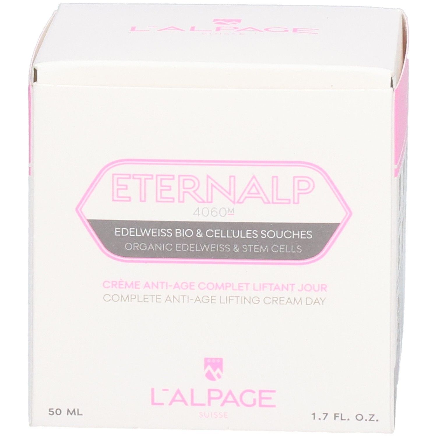 Boîte blanche et rose. Texte: Eternalp 4060m, L'ALPAGE. Contient de la crème. 50 ml, 1.7 FL. OZ.