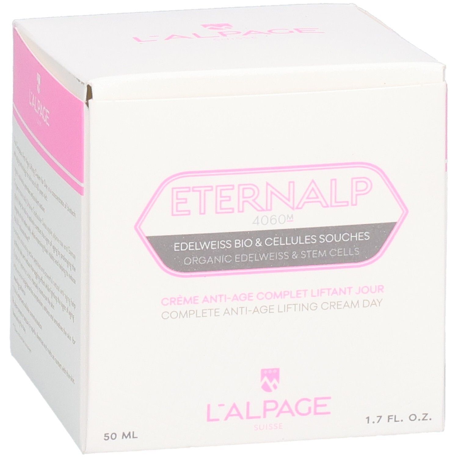 Boîte blanche et rose. Texte: Eternalp 4060m, L'ALPAGE. Contient de la crème. 50 ml, 1.7 FL. OZ.