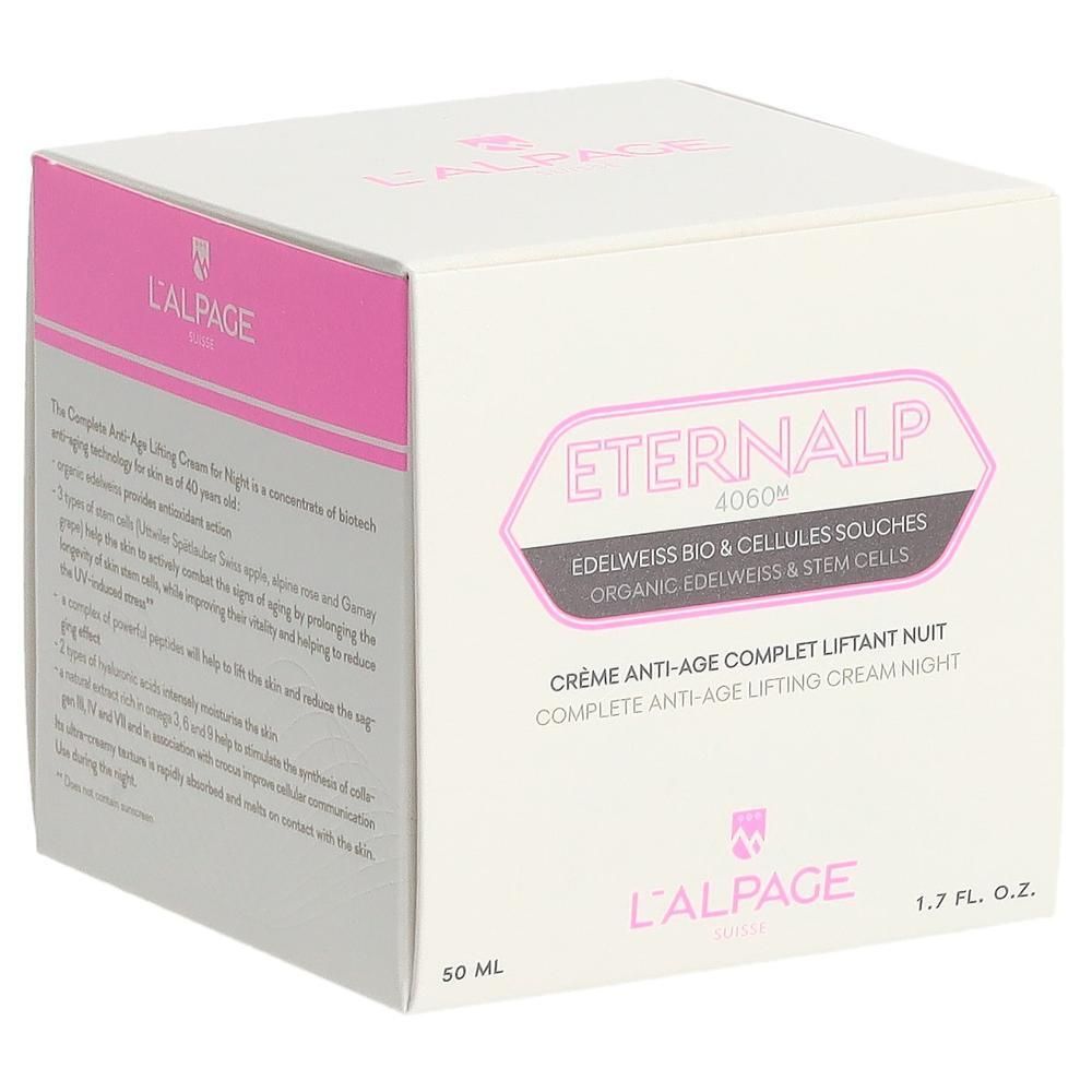 Boîte blanche et rose. Texte: Eternalp 4060m, Crème Anti-Âge Complet Liftant Nuit. L'ALPAGE.