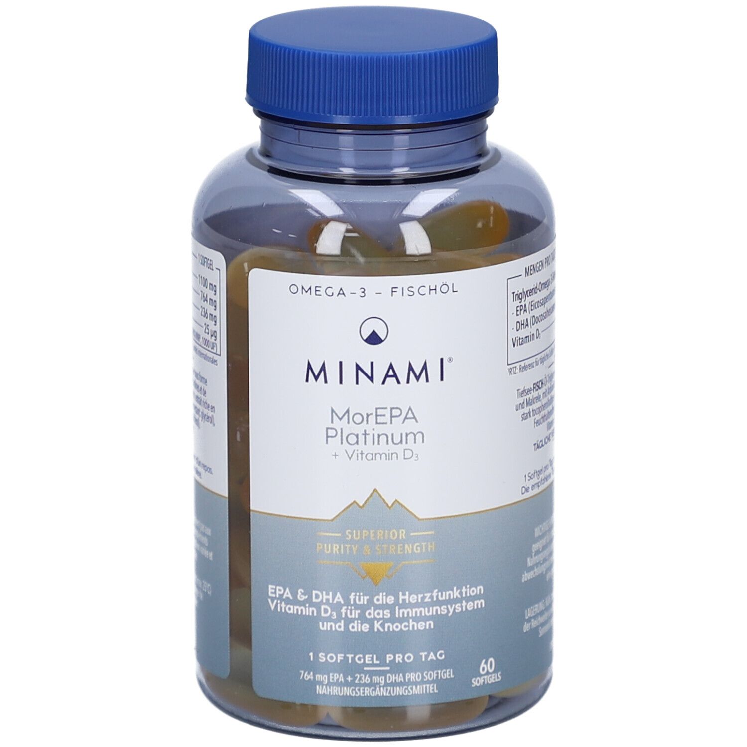Flacon transparent avec gélules. Bouchon bleu. MINAMI MorEPA Platinum + Vitamine D₃. EPA & DHA pour cœur, immunité et os. 60 gélules.