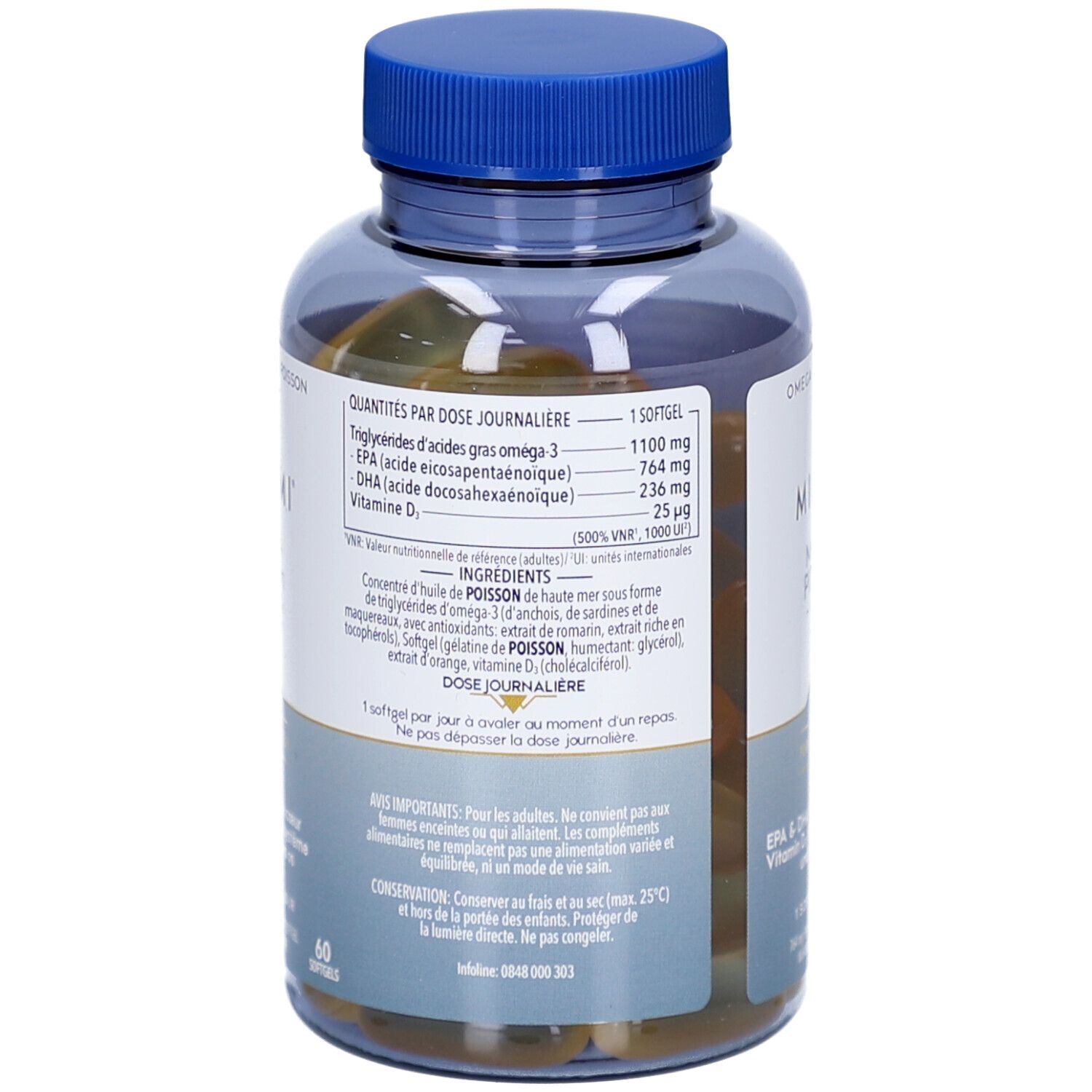 Dos de la bouteille avec informations nutritionnelles. MINAMI MorEPA Platinum + Vitamine D₃. 60 gélules. Ingrédients et dosage.