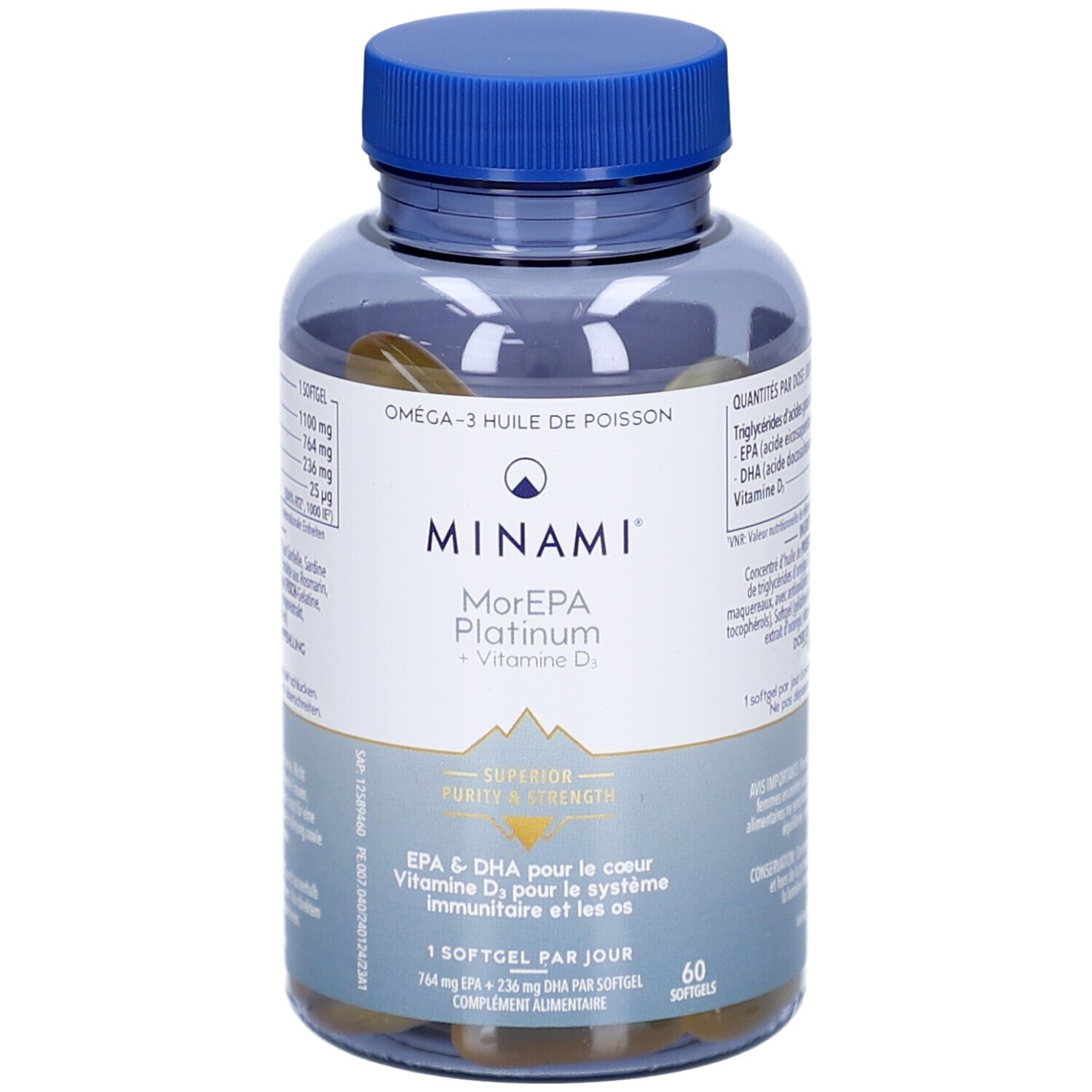 Flacon transparent avec gélules. Bouchon bleu. MINAMI MorEPA Platinum + Vitamine D₃. EPA & DHA pour cœur, immunité et os. 60 gélules.