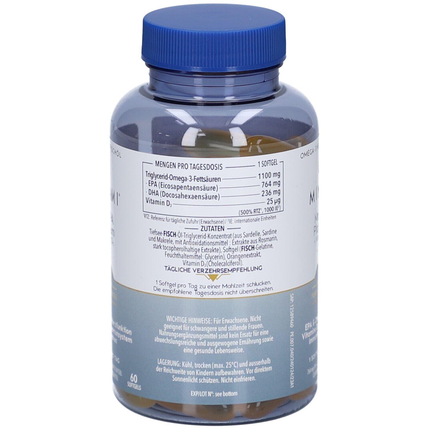 Dos de la bouteille avec informations nutritionnelles. MINAMI MorEPA Platinum + Vitamine D₃. 60 gélules. Ingrédients et dosage.