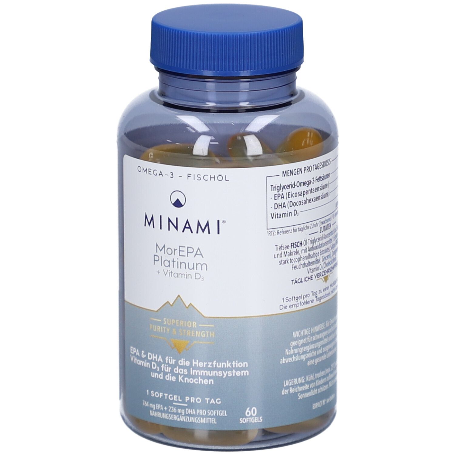 Flacon transparent avec gélules. Bouchon bleu. MINAMI MorEPA Platinum + Vitamine D₃. EPA & DHA pour cœur, immunité et os. 60 gélules.