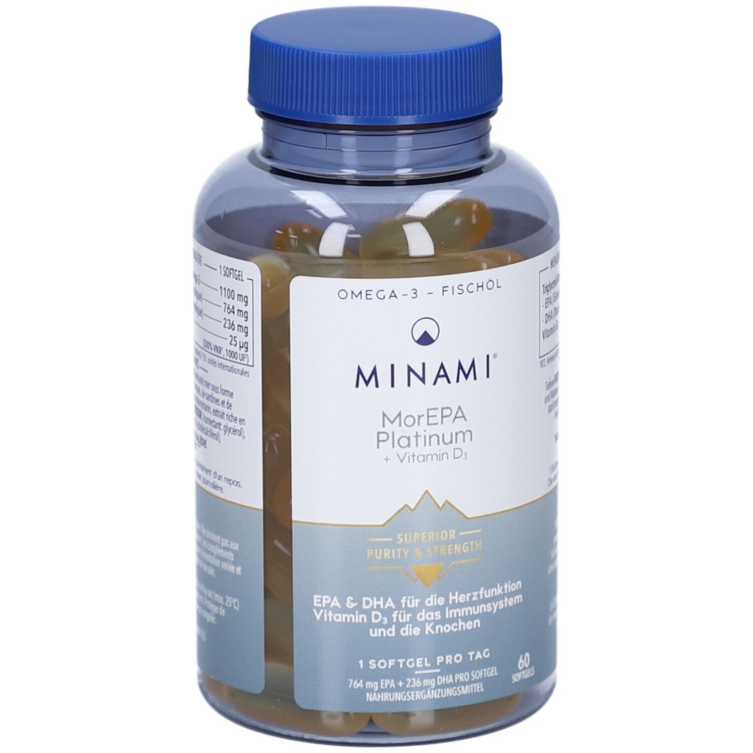 Flacon transparent avec gélules. Bouchon bleu. MINAMI MorEPA Platinum + Vitamine D₃. EPA & DHA pour cœur, immunité et os. 60 gélules.