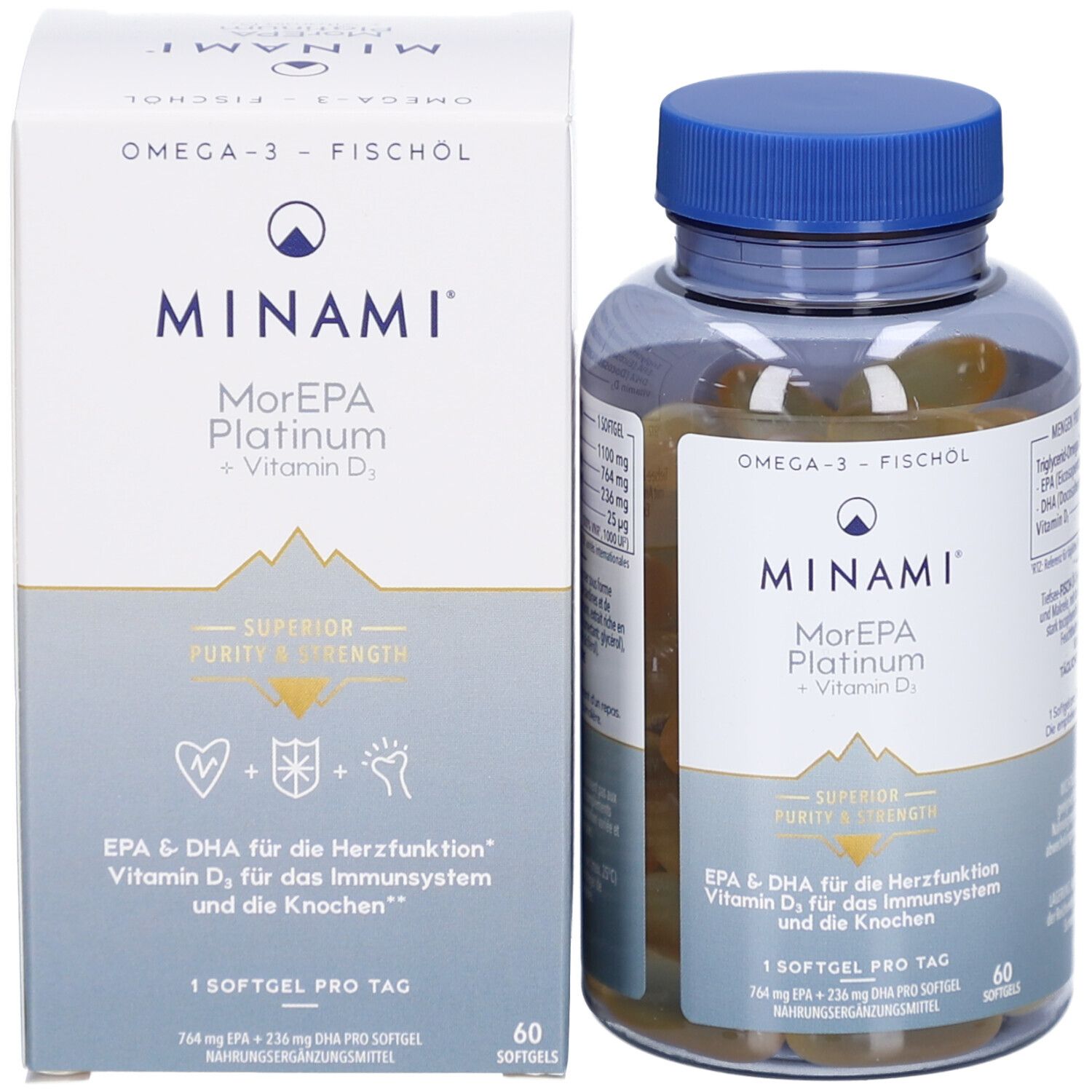 Flacon et boîte MINAMI MorEPA Platinum + Vitamine D₃. EPA & DHA pour cœur, immunité et os. 60 gélules. Bouchon bleu.