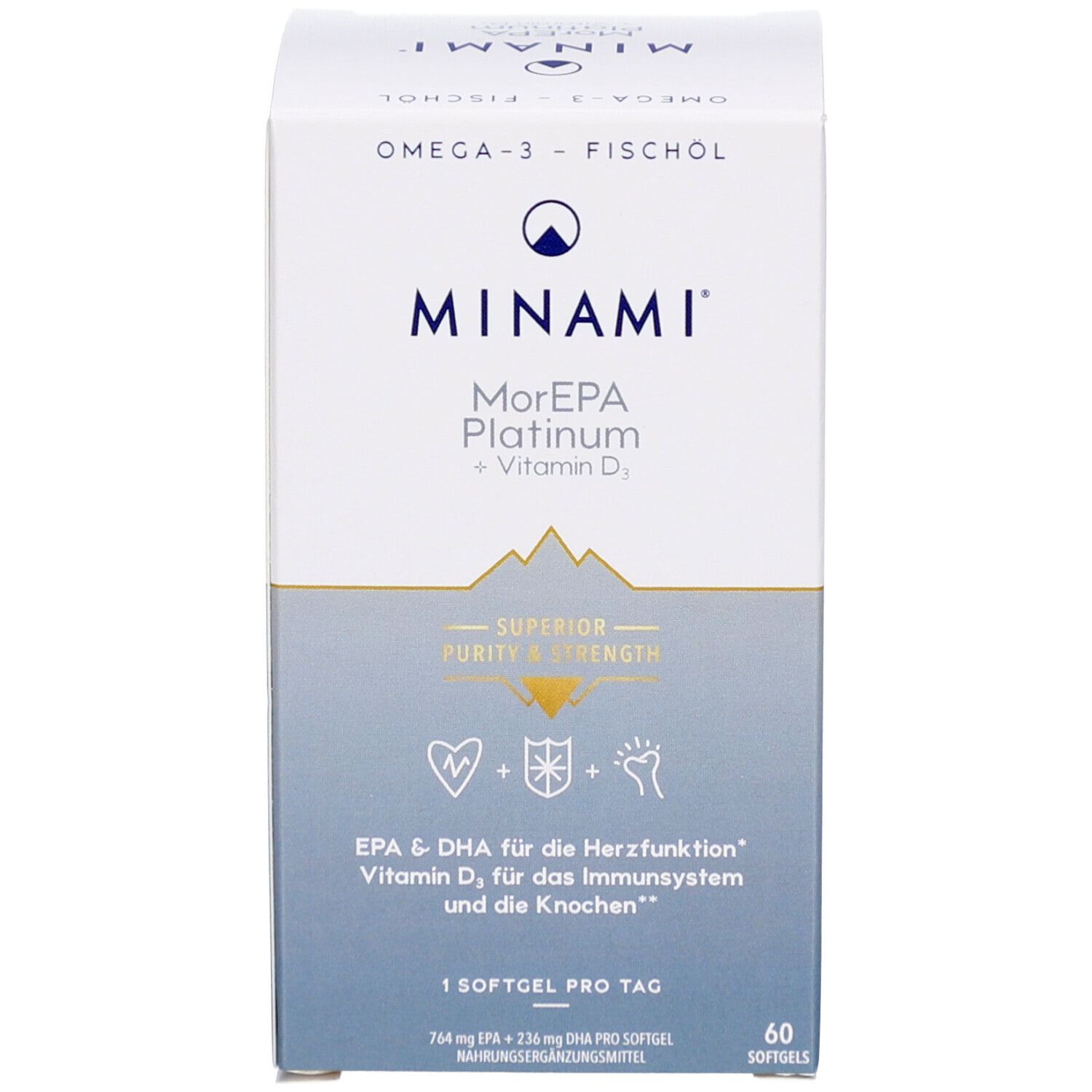 Boîte MINAMI MorEPA Platinum + Vitamine D₃. EPA & DHA pour cœur, immunité et os. 60 gélules. Fond bleu.