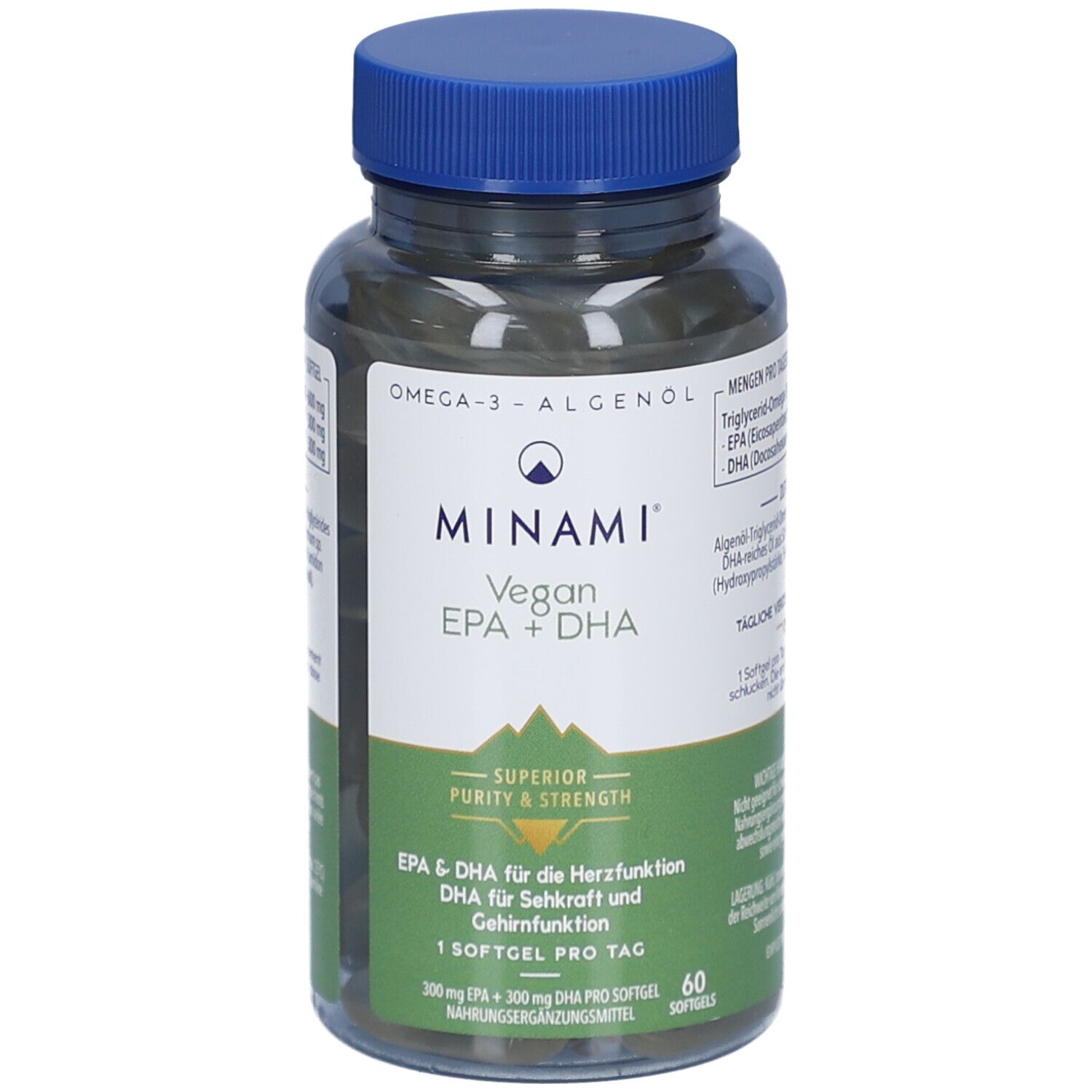 Flacon transparent de gélules brunes avec bouchon bleu. Inscription: MINAMI Vegan EPA + DHA. 60 gélules.
