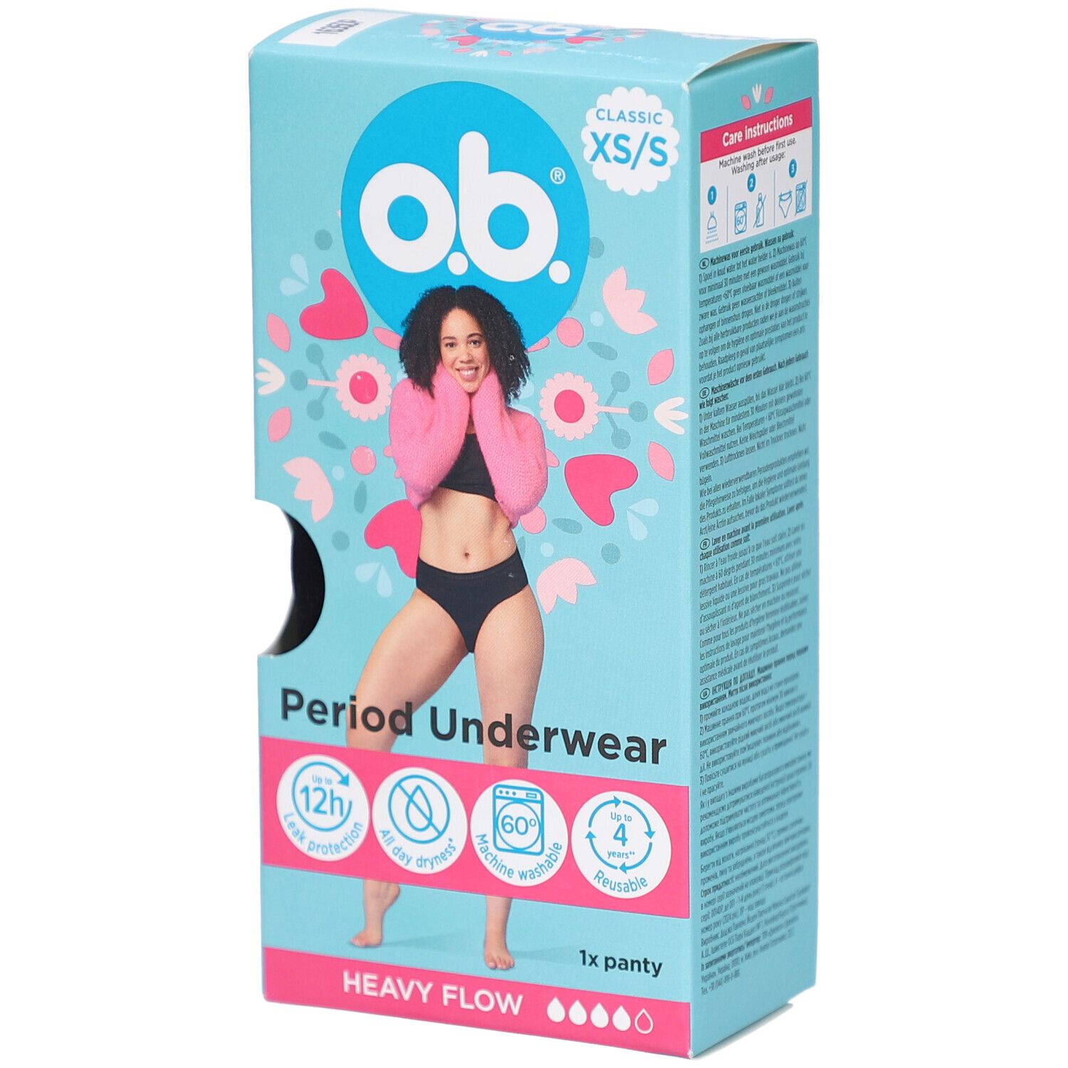 Emballage o.b.® sous-vêtements menstruels XS/S. Inscription : sous-vêtements menstruels, protection 12h, 1 culotte, flux abondant.
