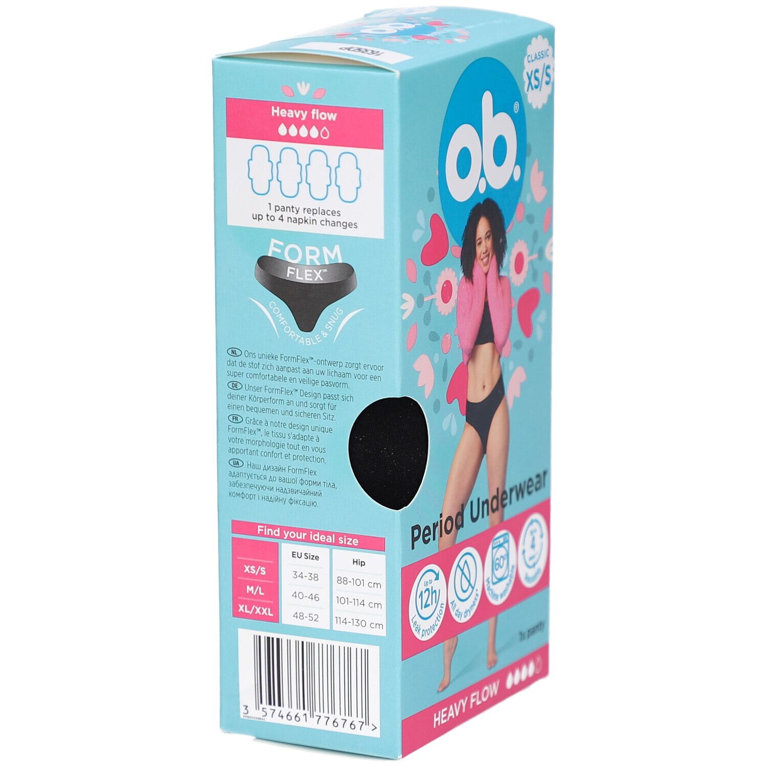 Emballage o.b.® sous-vêtements menstruels XS/S. Vue latérale. Inscription : flux abondant, Form Flex, tableau des tailles, 1 culotte.