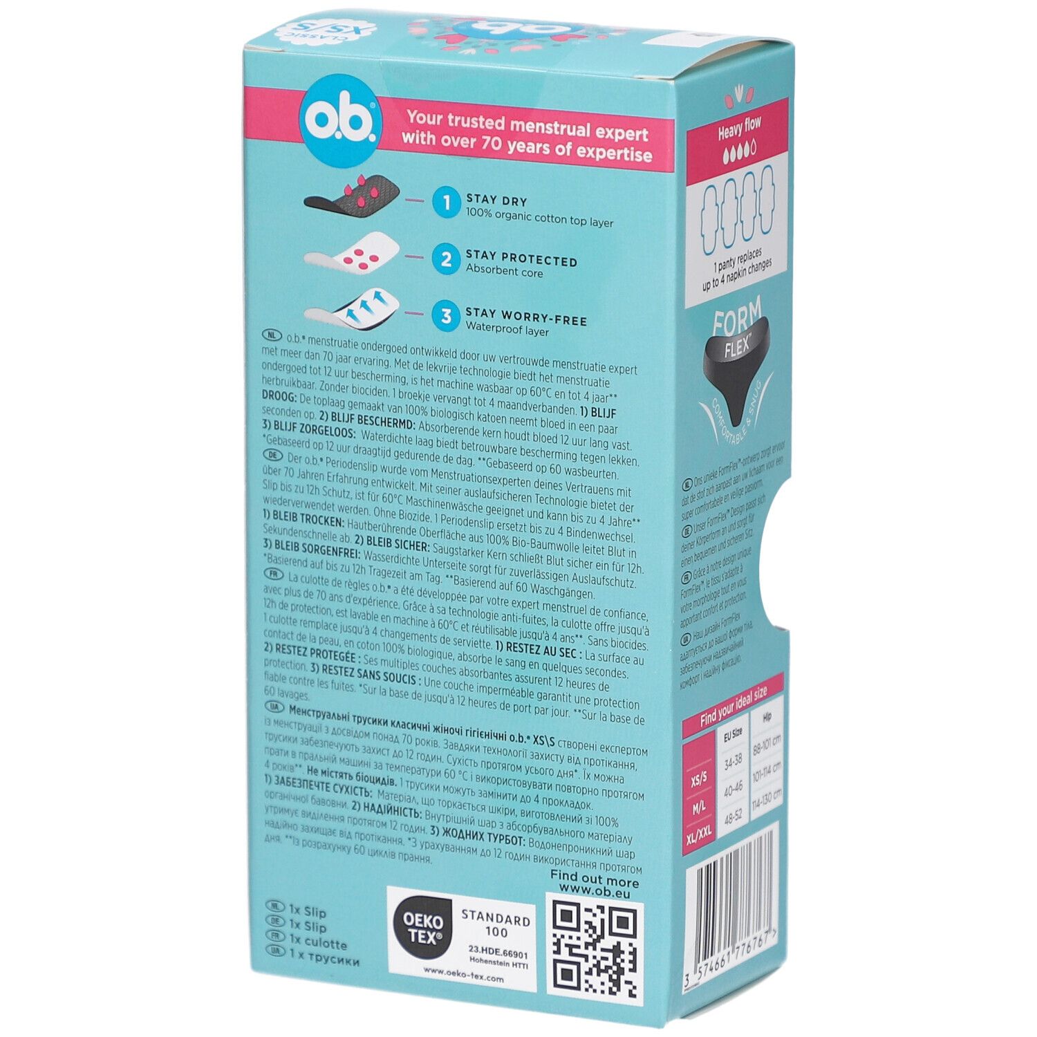 Dos de l'emballage o.b.® sous-vêtements menstruels XS/S. Inscription : 3 couches, tableau des tailles, code QR, 1 culotte.