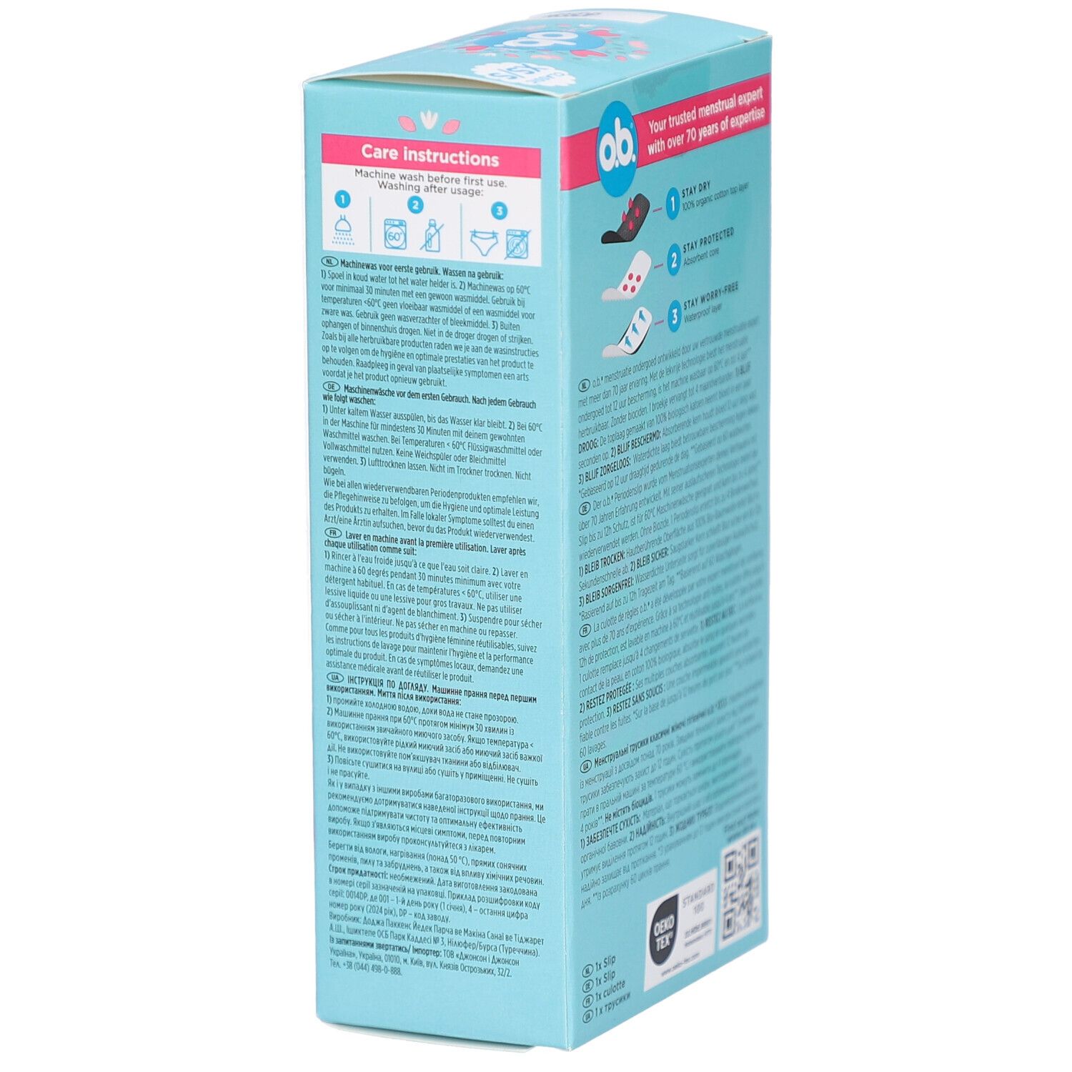 Emballage o.b.® sous-vêtements menstruels XS/S. Inscription : instructions de lavage, lavage en machine 60°C, 1 culotte.