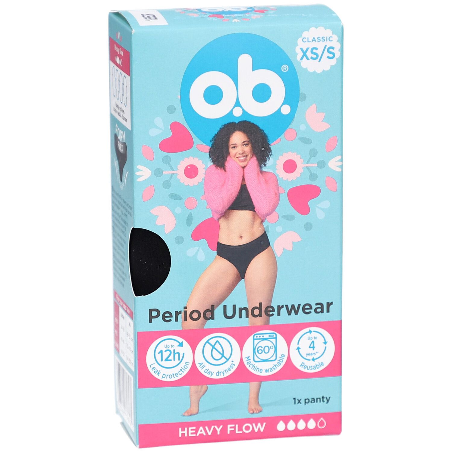 Face avant de l'emballage o.b.® sous-vêtements menstruels XS/S. Inscription : sous-vêtements menstruels, 12h protection, 1 culotte, flux abondant.