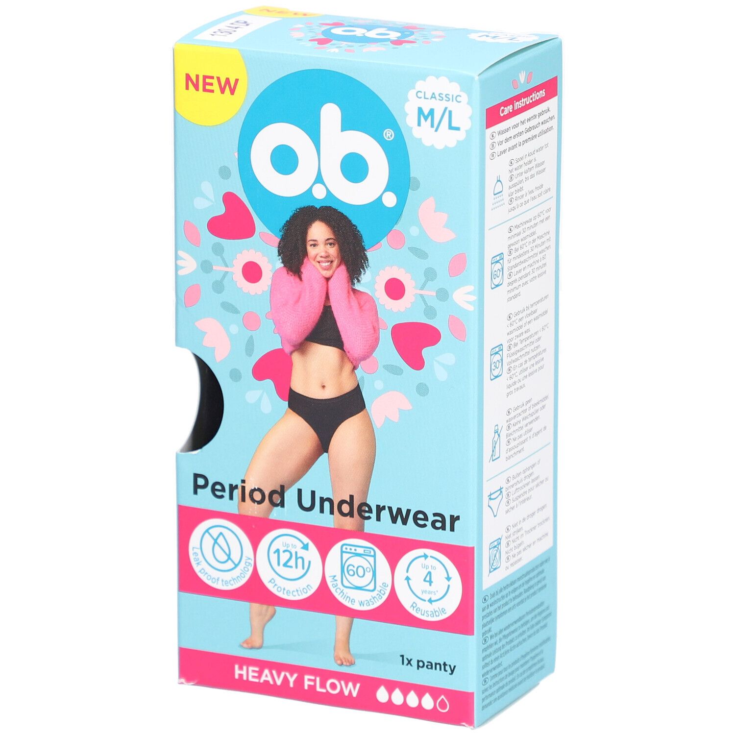 Emballage de sous-vêtements menstruels o.b.® M/L. Inscription : NEW, Classic, 1x panty, Heavy Flow. Image d'une femme.