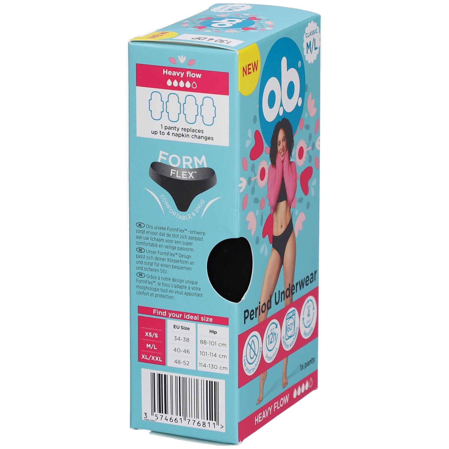 Emballage de sous-vêtements menstruels o.b.® M/L. Inscription : NEW, Classic, Form Flex. Informations de taille. Infos produit au dos.