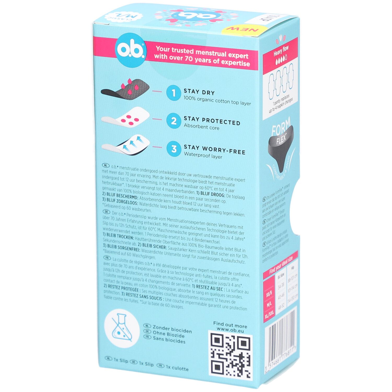 Dos de l'emballage des sous-vêtements menstruels o.b.® M/L. Texte : Your trusted menstrual expert. Informations produit et QR code.