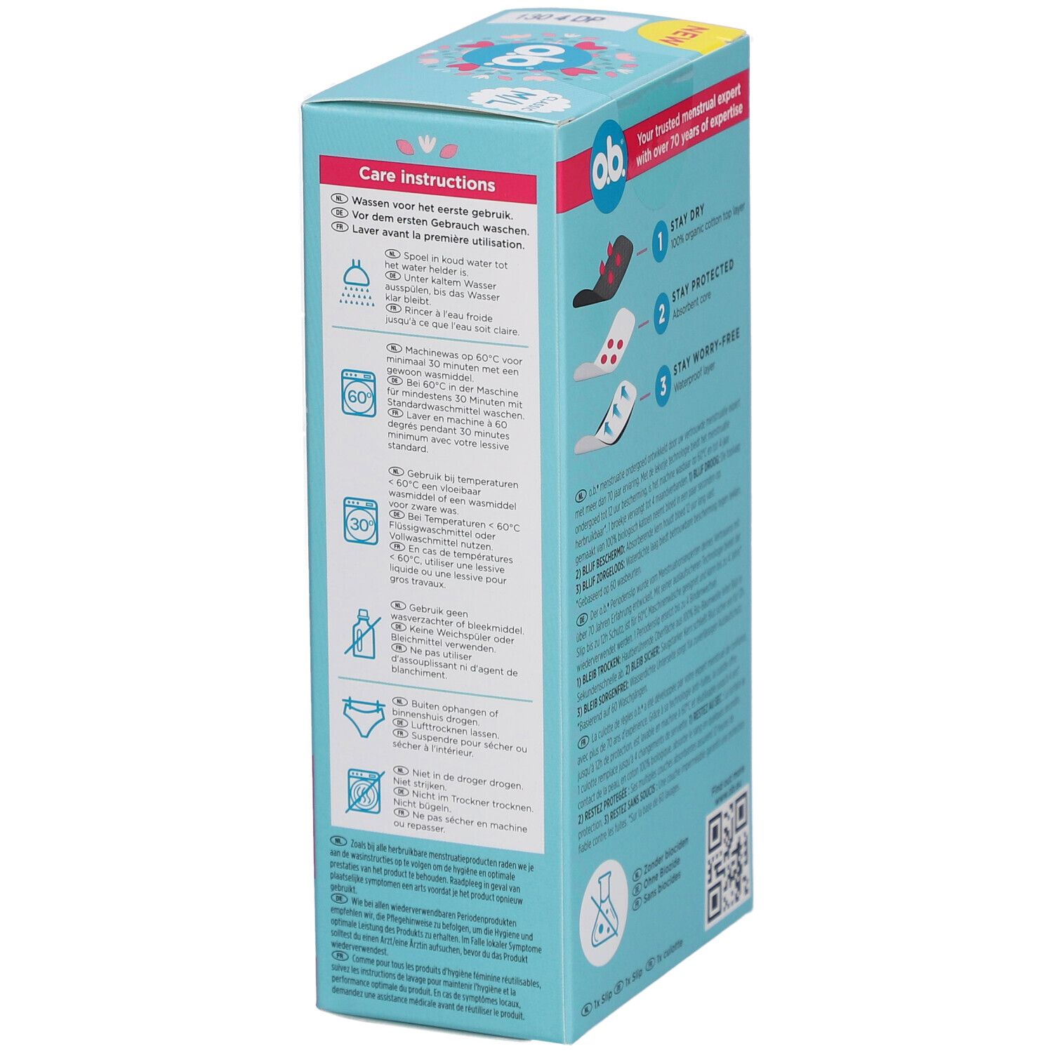 Dos de l'emballage des sous-vêtements menstruels o.b.® M/L. Instructions d'entretien et symboles de lavage. Code QR.