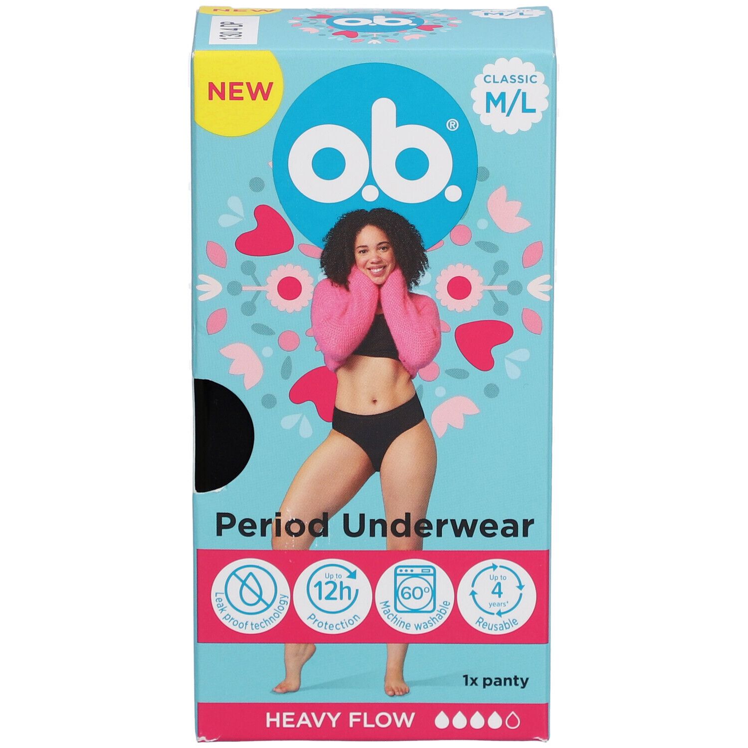 Emballage de sous-vêtements menstruels o.b.® M/L. Inscription : NEW, Classic, 1x panty, Heavy Flow. Image d'une femme.