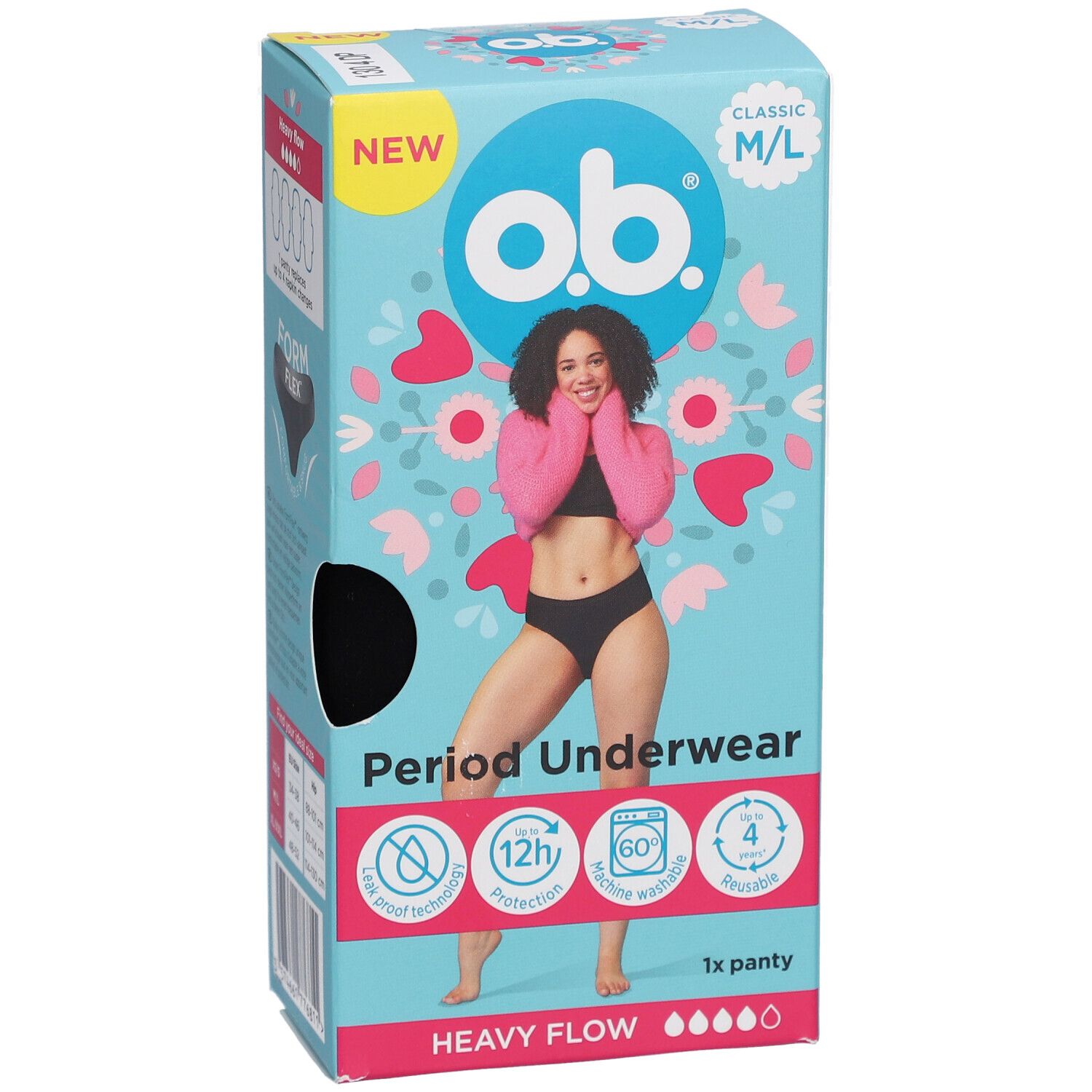 Emballage de sous-vêtements menstruels o.b.® M/L. Inscription : NEW, Classic, 1x panty, Heavy Flow. Image d'une femme.