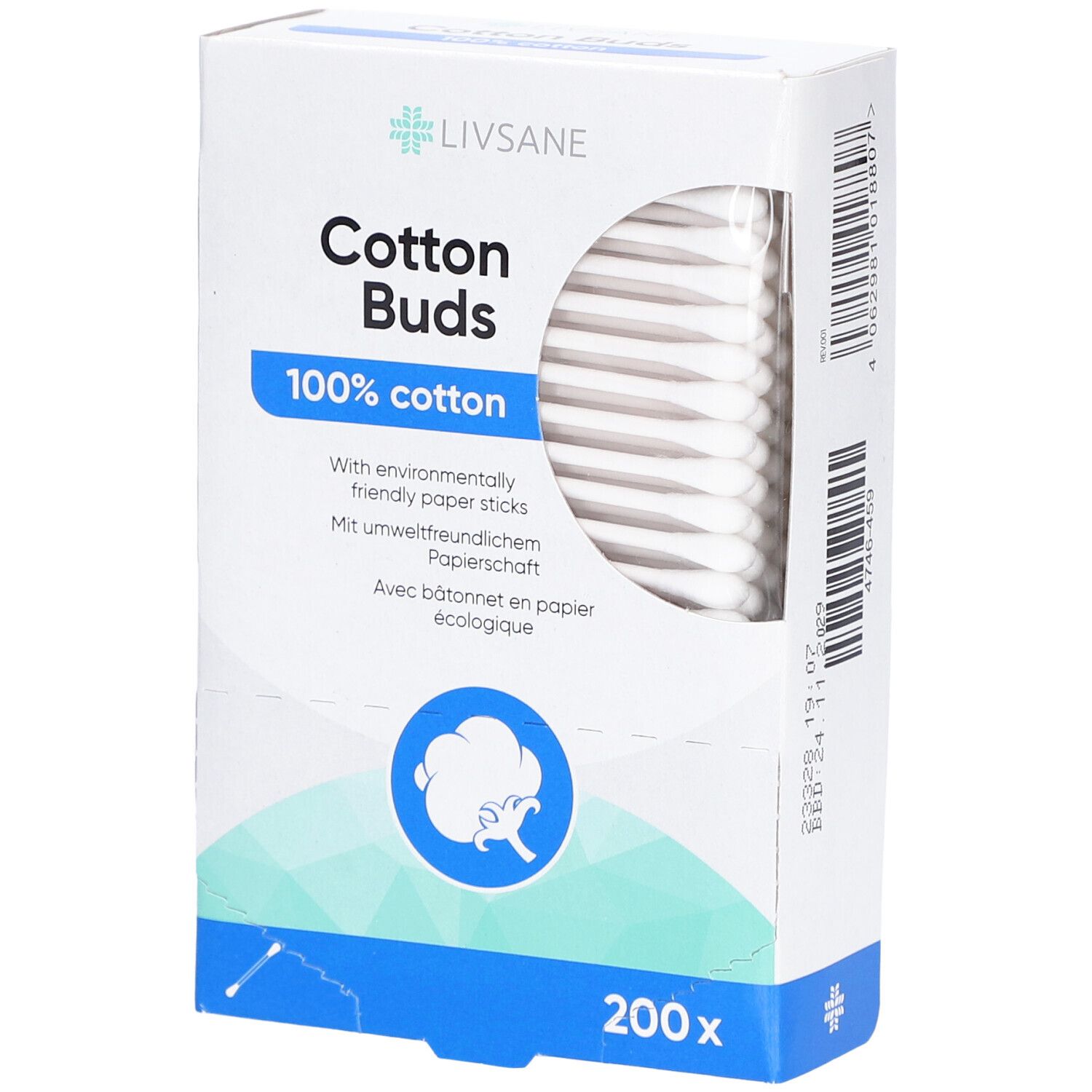 Boîte de cotons-tiges. Marque Livsane, inscription 'Cotton Buds', '100% cotton'. 200 pièces. Bâtonnets en papier.