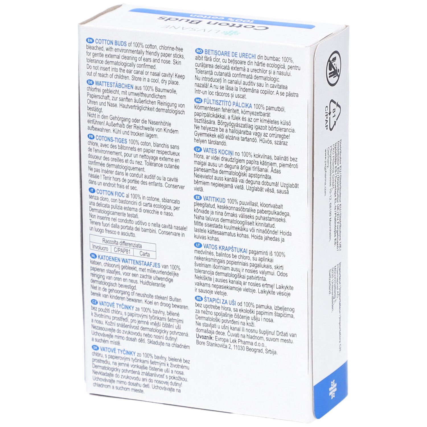 Dos de la boîte avec texte. Contient des informations sur le produit et le fabricant. Texte en allemand, anglais, français, italien.