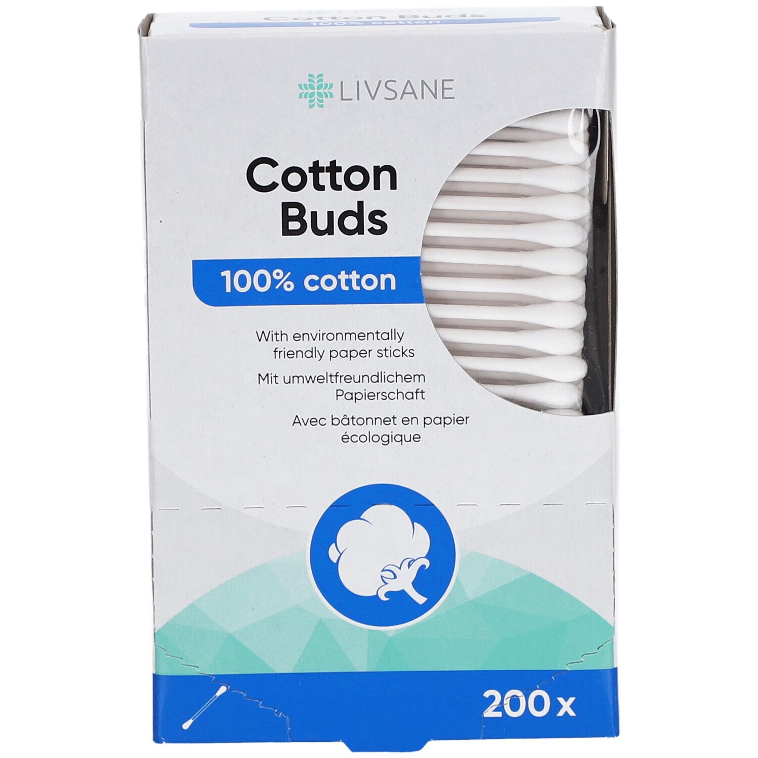 Boîte de cotons-tiges. Marque Livsane, inscription 'Cotton Buds', '100% cotton'. 200 pièces. Cotons-tiges visibles.