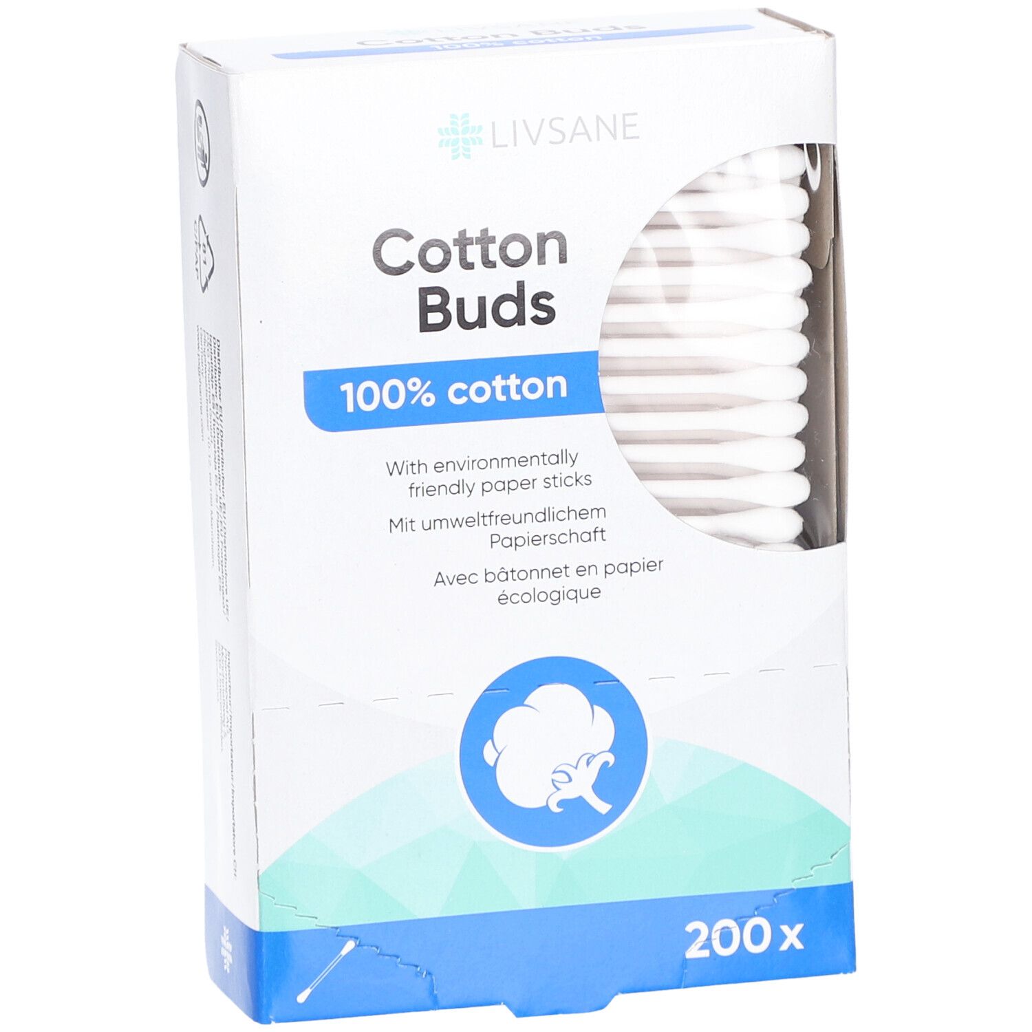 Boîte de cotons-tiges. Marque Livsane, inscription 'Cotton Buds', '100% cotton'. 200 pièces. Cotons-tiges visibles.
