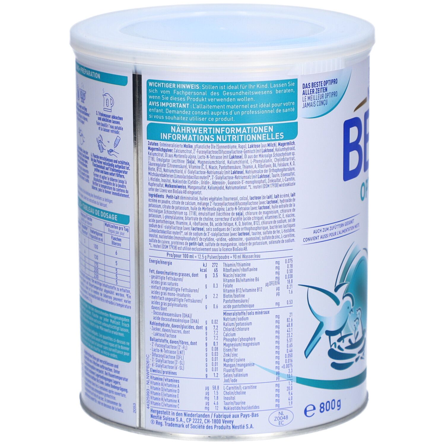 Arrière de la boîte de lait infantile BEBA Optipro PRE avec informations nutritionnelles.