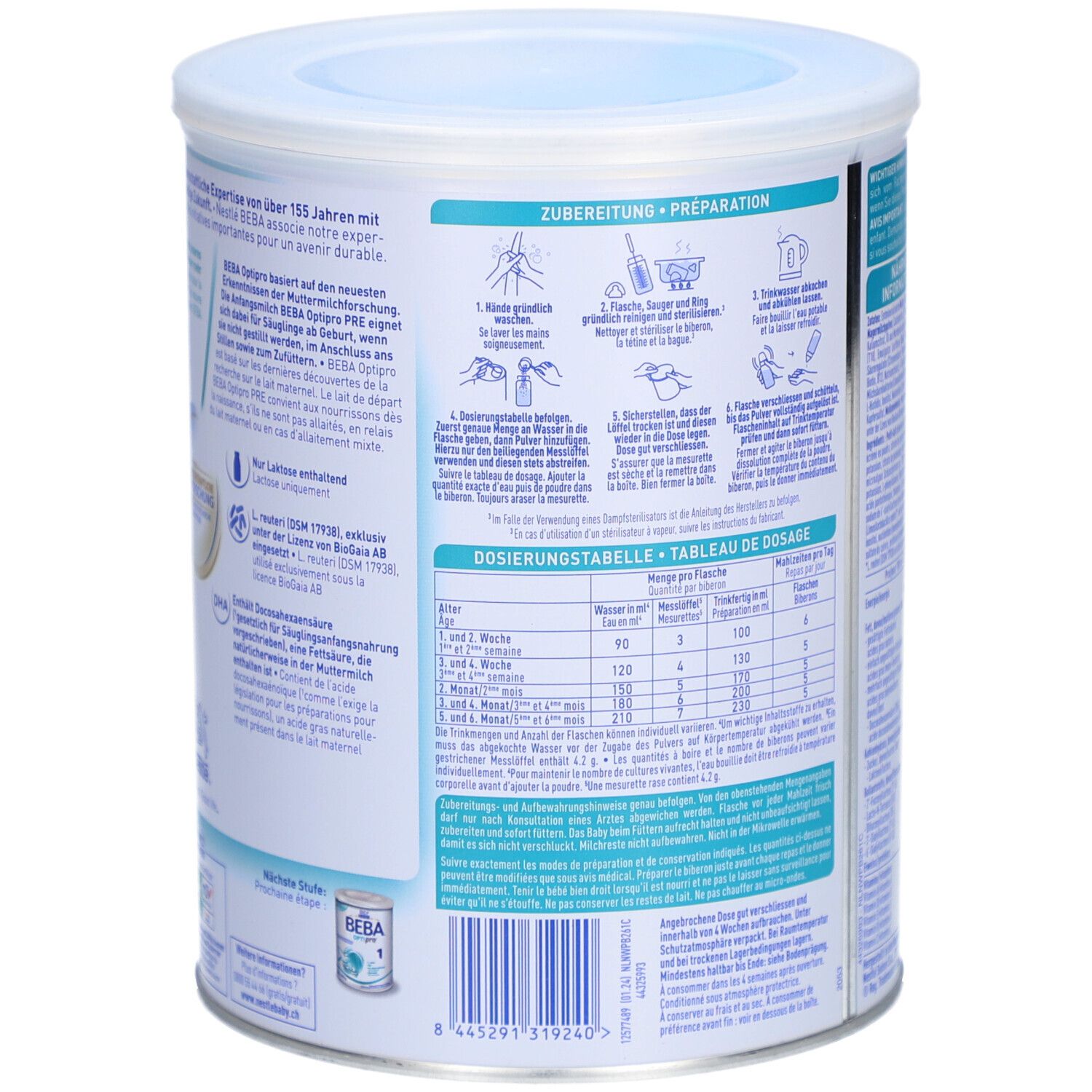 Côté de la boîte de lait infantile BEBA Optipro PRE avec instructions de préparation.