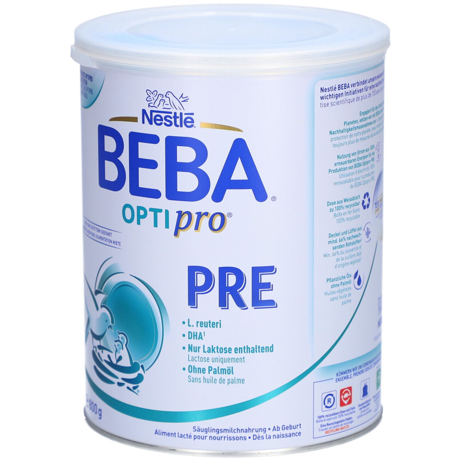 Avant de la boîte de lait infantile BEBA Optipro PRE, 800g.