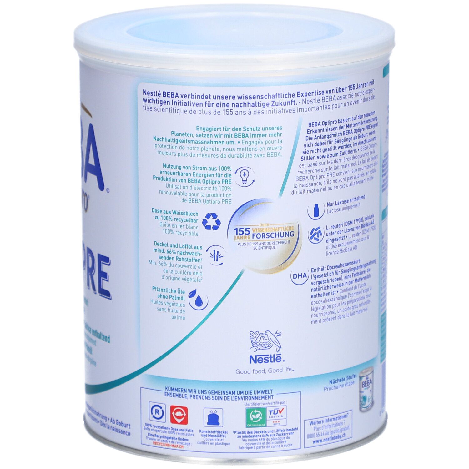 Arrière de la boîte de lait infantile BEBA Optipro PRE avec informations sur la durabilité.