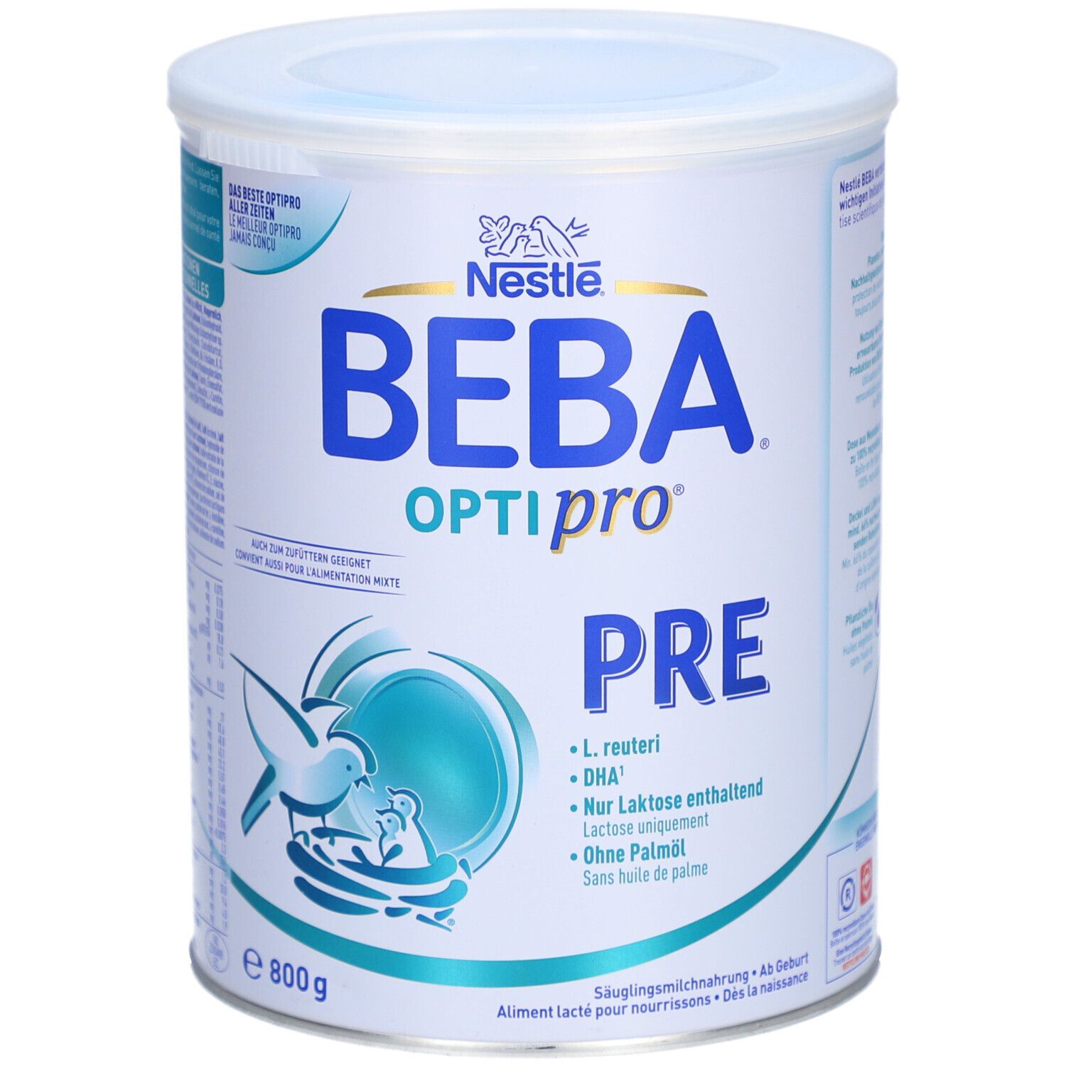 Lait infantile BEBA Optipro PRE Nestlé, boîte 800g avec sceaux.