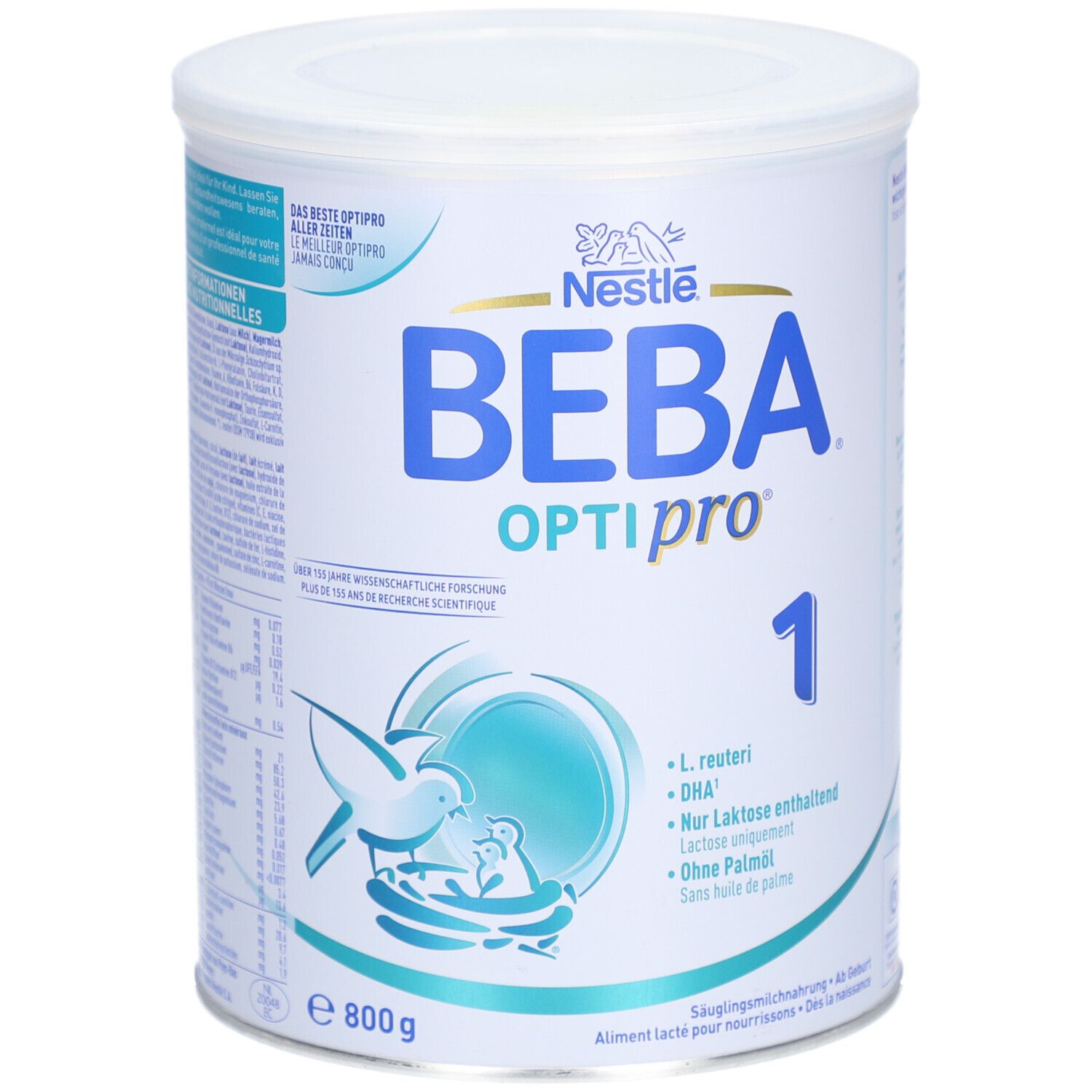 Boîte blanche et bleue BEBA Optipro 1. Logo Nestlé. Texte: L. reuteri, DHA, Sans lactose, Sans huile de palme. 800g.