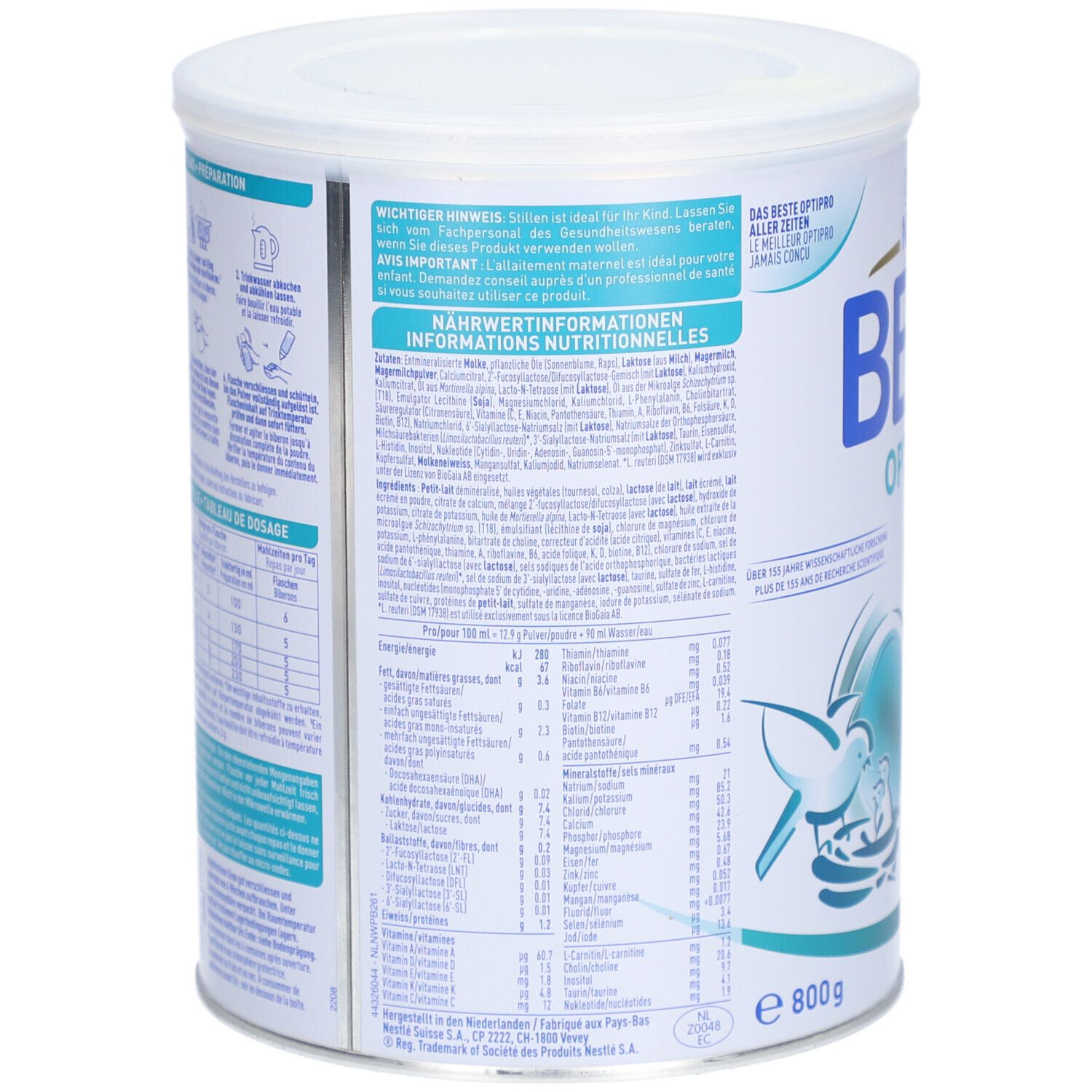 Dos de la boîte BEBA Optipro 1. Contient des informations nutritionnelles et des ingrédients. 800g.