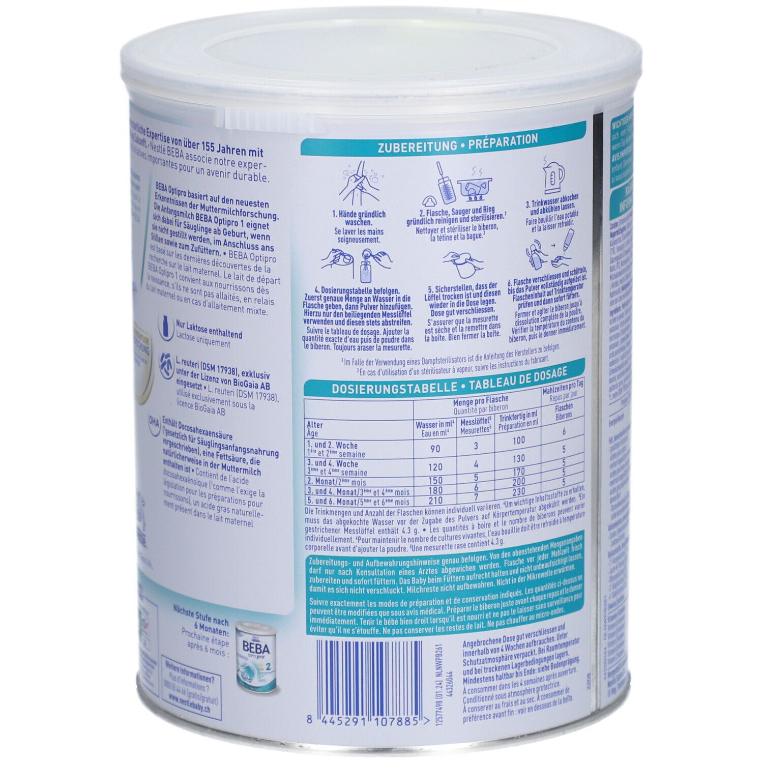Dos de la boîte BEBA Optipro 1. Instructions de préparation et tableau de dosage. 800g.