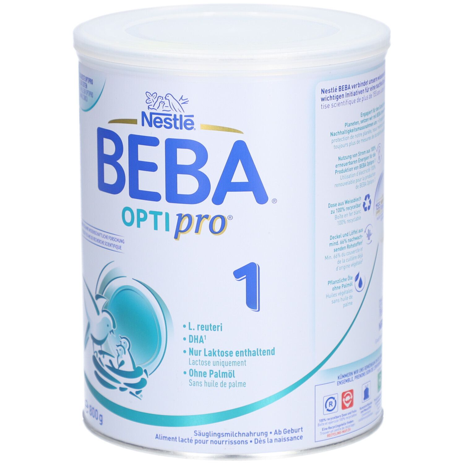 Boîte blanche et bleue BEBA Optipro 1. Logo Nestlé. Texte: L. reuteri, DHA, Sans lactose, Sans huile de palme. 800g.