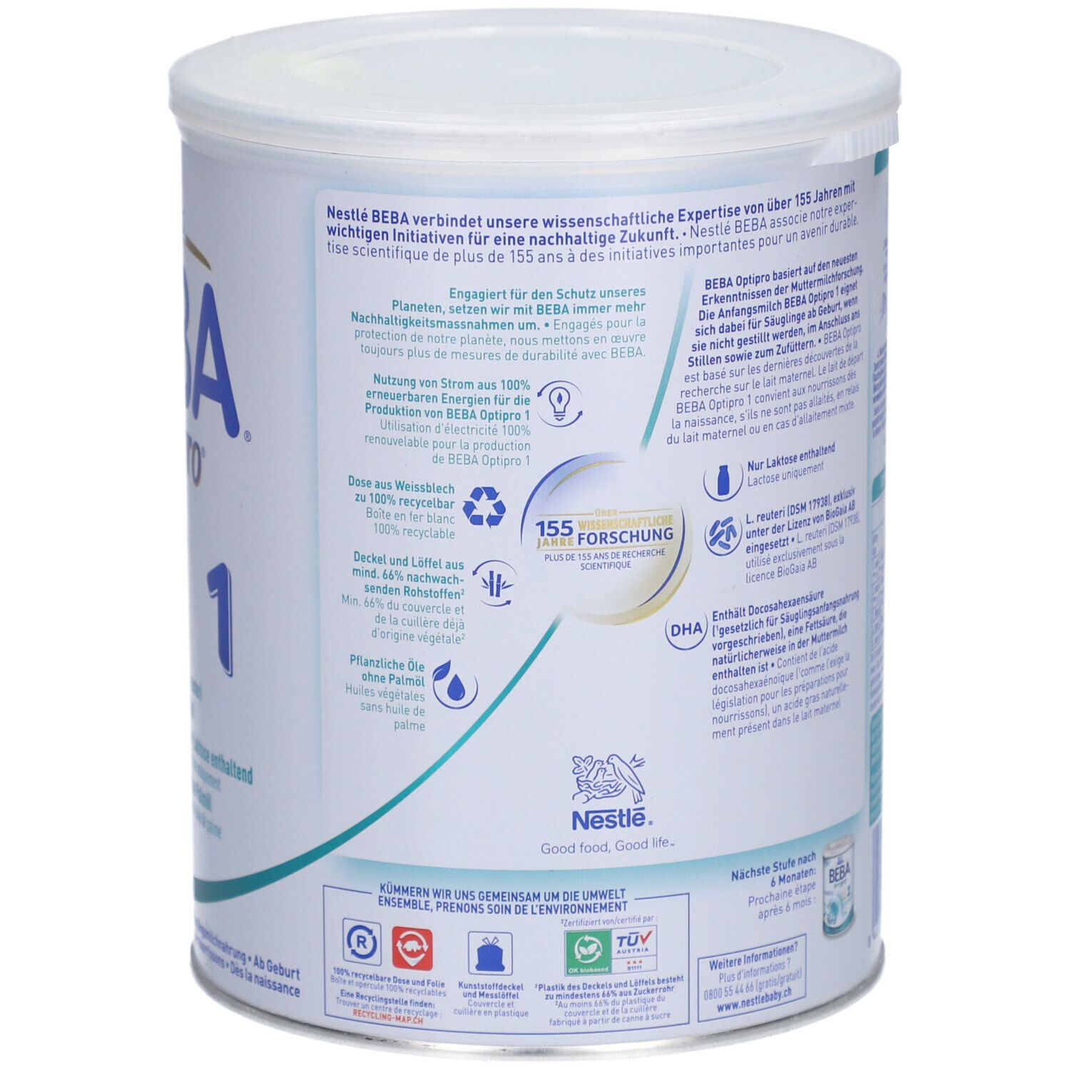 Dos de la boîte BEBA Optipro 1. Informations sur la durabilité et la recherche. 800g.