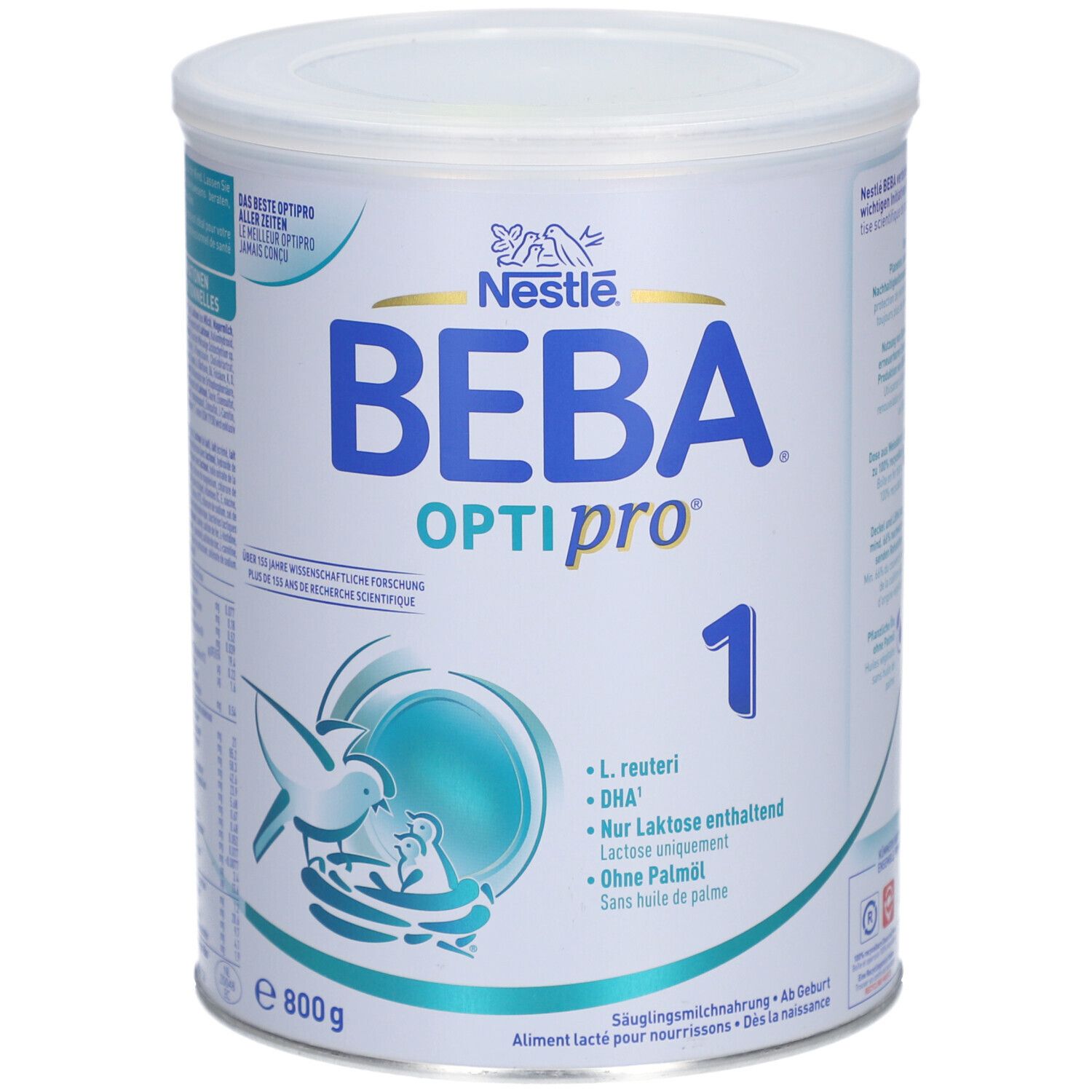 Boîte blanche et bleue BEBA Optipro 1. Logo Nestlé. Texte: L. reuteri, DHA, Sans lactose, Sans huile de palme. 800g.
