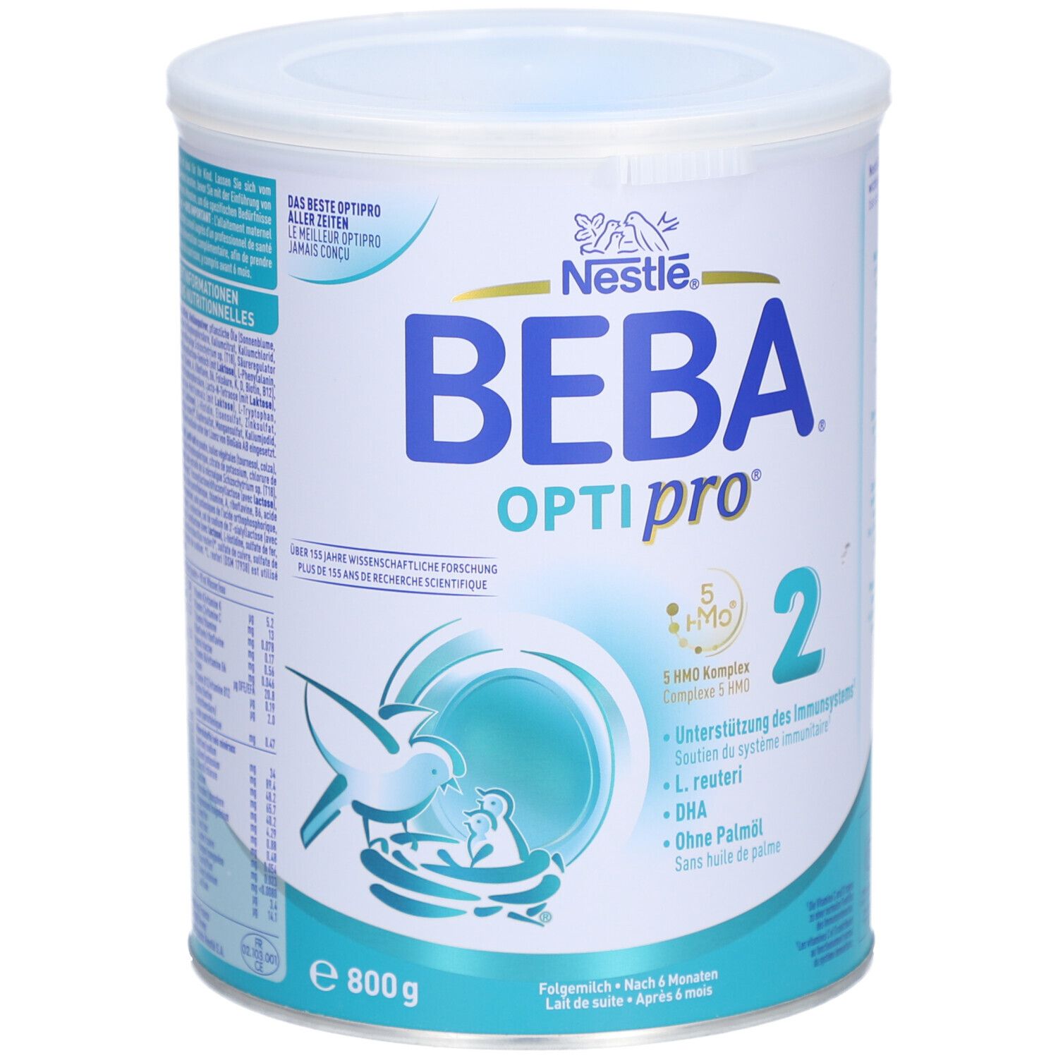 Boîte ronde BEBA Optipro 2. Design bleu et blanc avec logo Nestlé. Contient 800g. Inscription: 2, Opti Pro, L. reuteri, DHA.