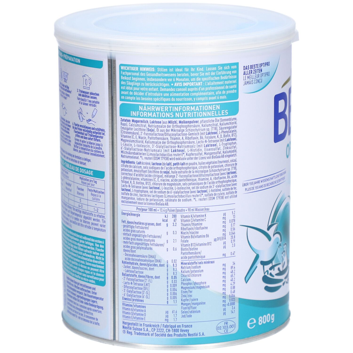 Dos de la boîte BEBA Optipro 2. Contient des informations nutritionnelles et des ingrédients. Texte en allemand, français, italien et néerlandais.