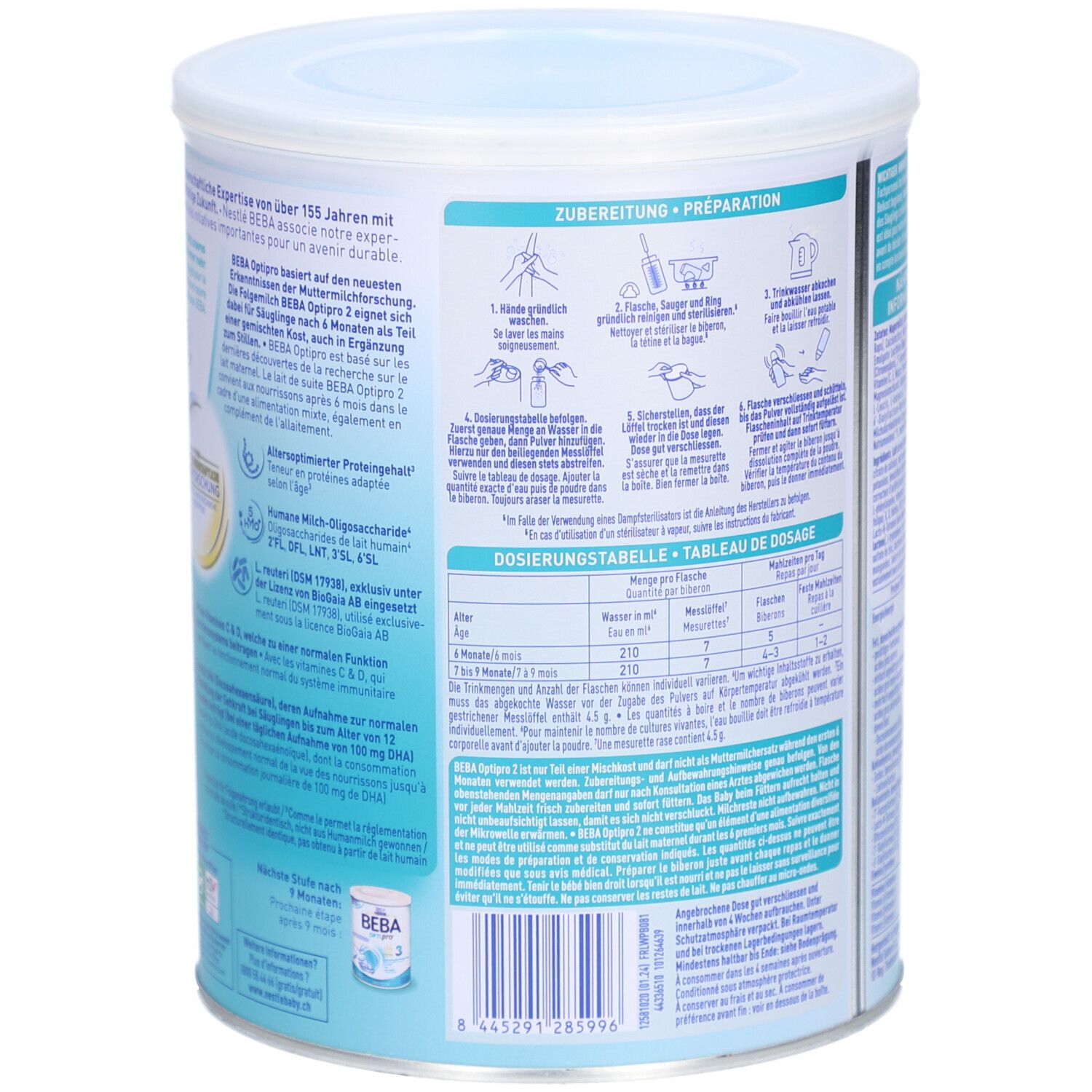 Dos de la boîte BEBA Optipro 2. Affiche les instructions de préparation et les tableaux de dosage. Texte en plusieurs langues.