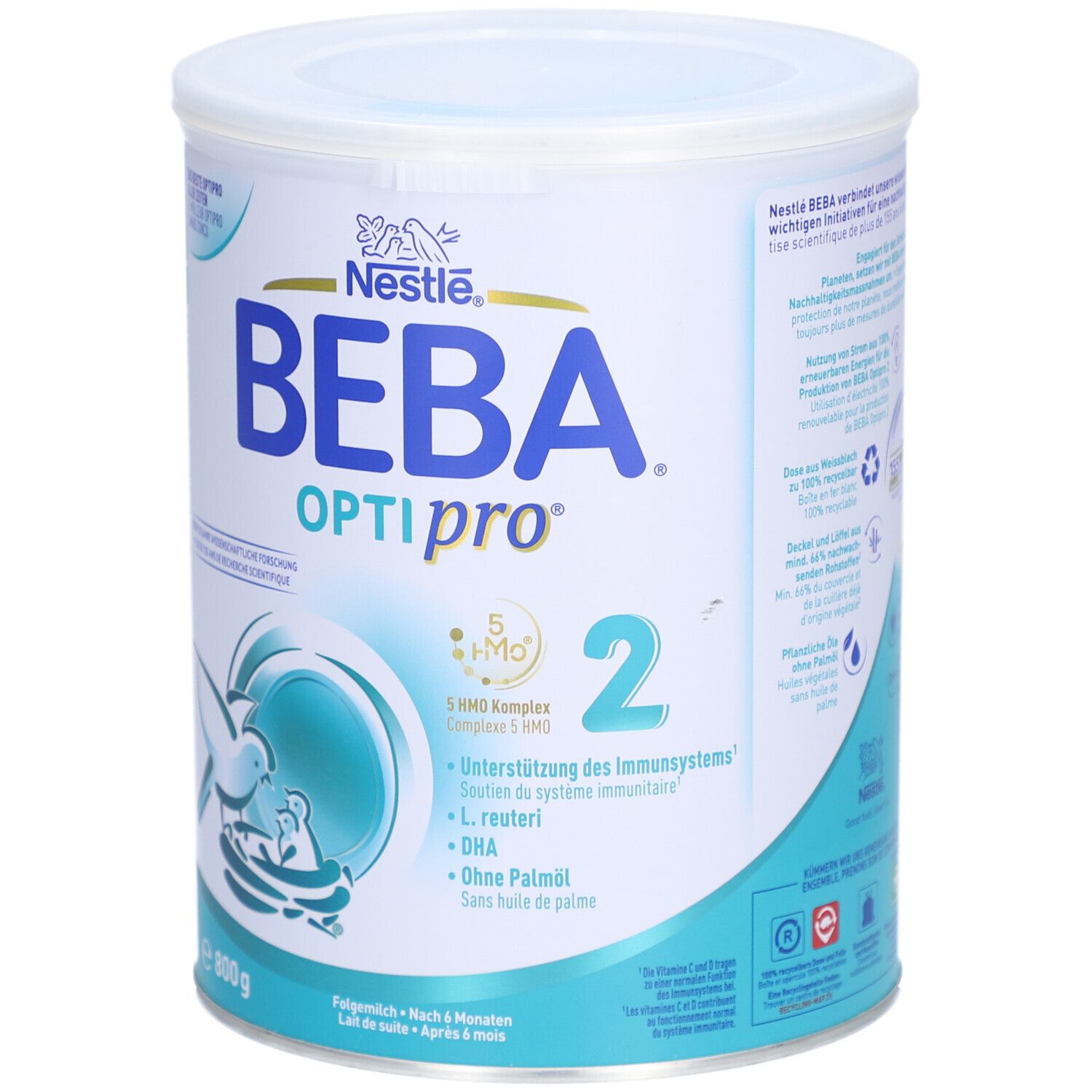Côté de la boîte BEBA Optipro 2. Contient des informations sur la durabilité et les ingrédients. Texte en plusieurs langues.