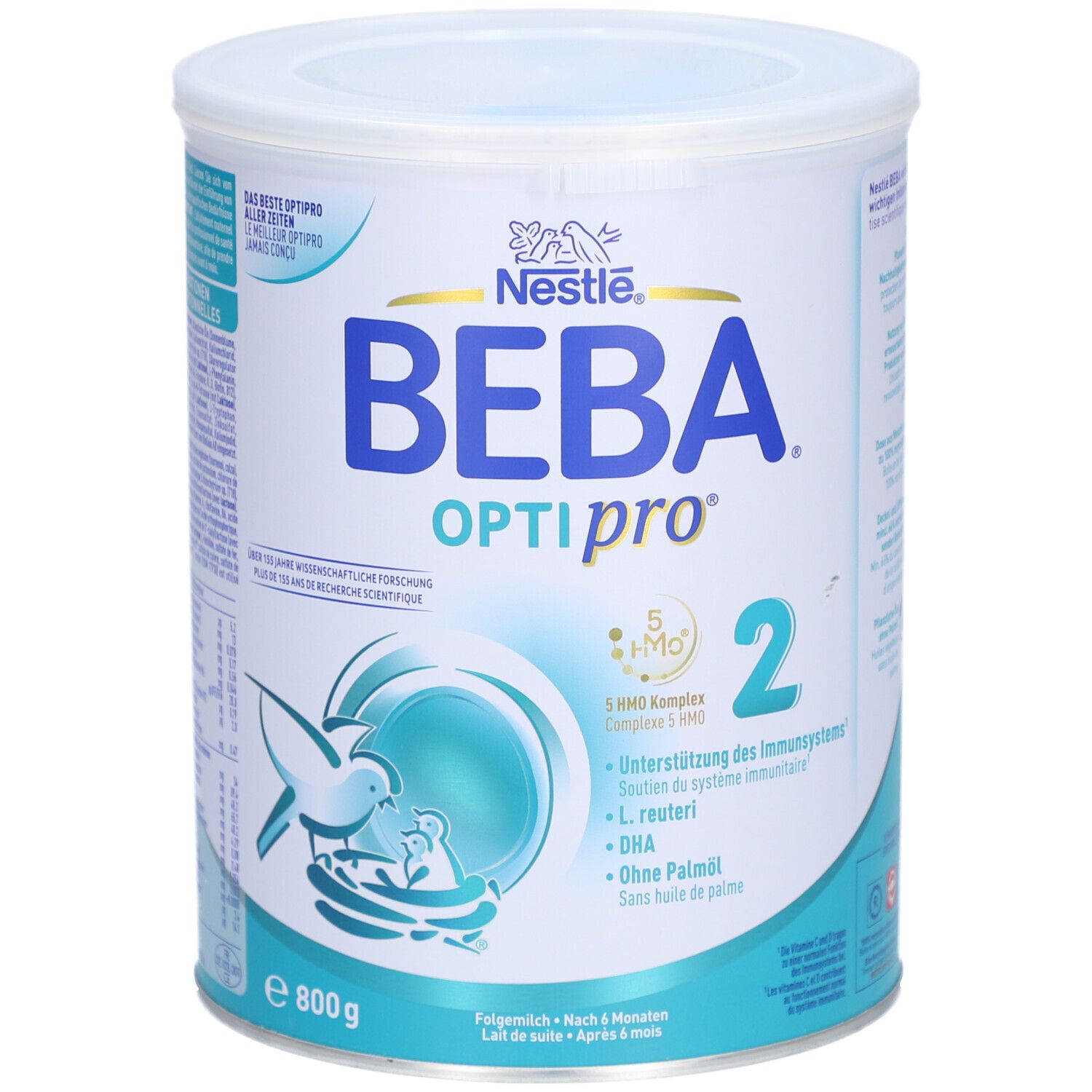 Face avant de la boîte BEBA Optipro 2. Design bleu et blanc avec logo Nestlé. Contient 800g. Inscription: 2, Opti Pro, L. reuteri, DHA.