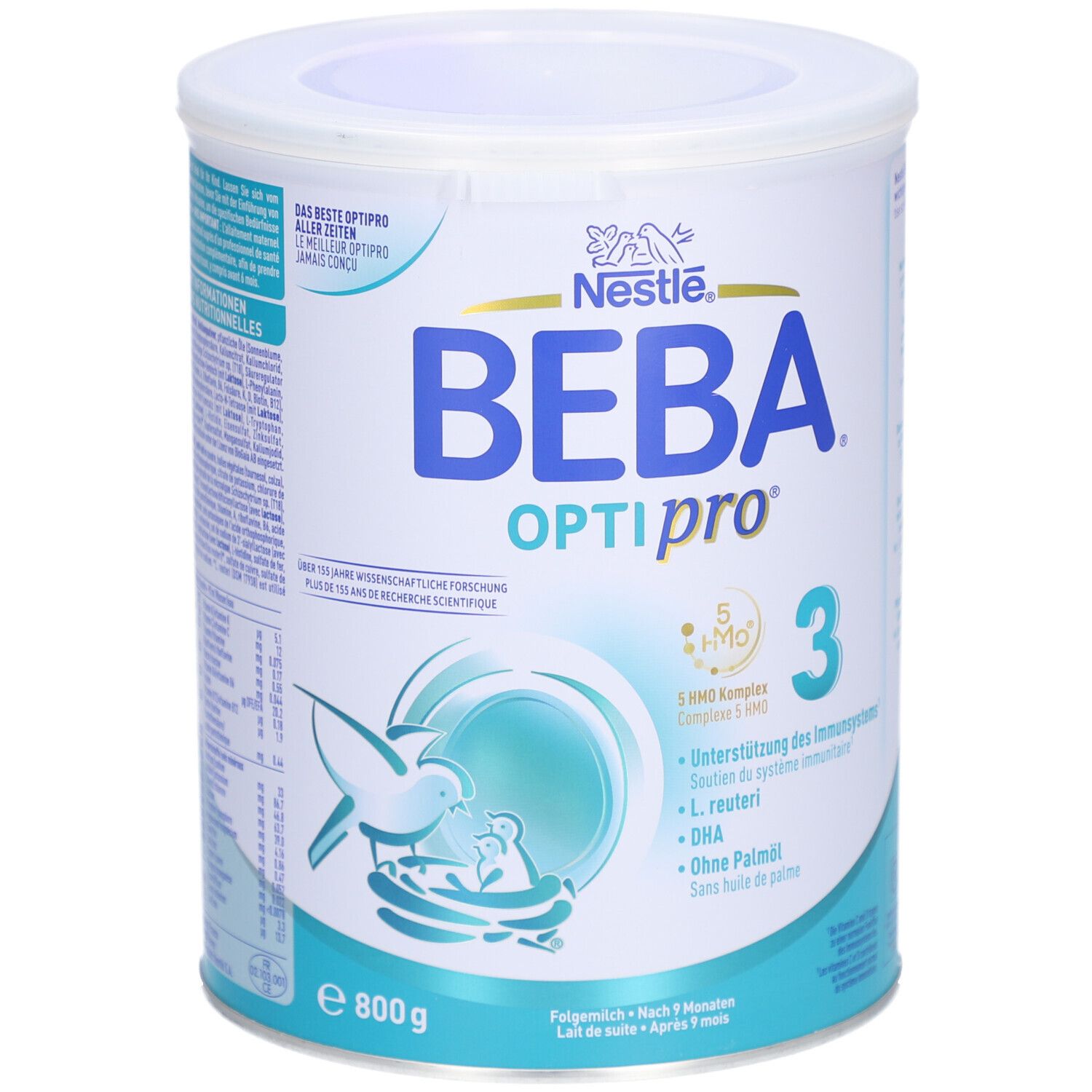 Boîte de lait de suite BEBA Optipro 3, 800g. Contient 5 HMO Complex, L. reuteri, DHA. Sans huile de palme.